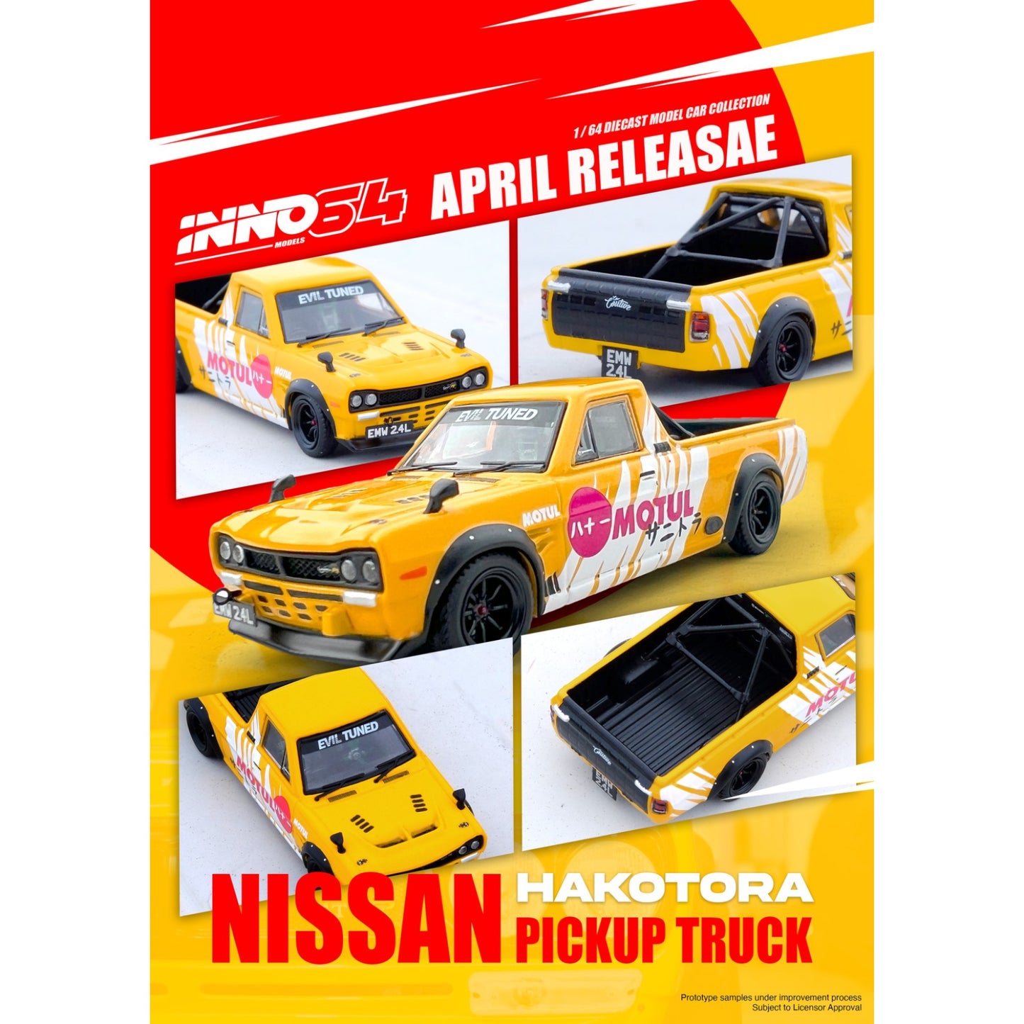 INNO64 - Nissan Hakotora Pick Up Truck *MOTUL* Livery, yellow - 1:64 - IN64-HKT-MOTUL