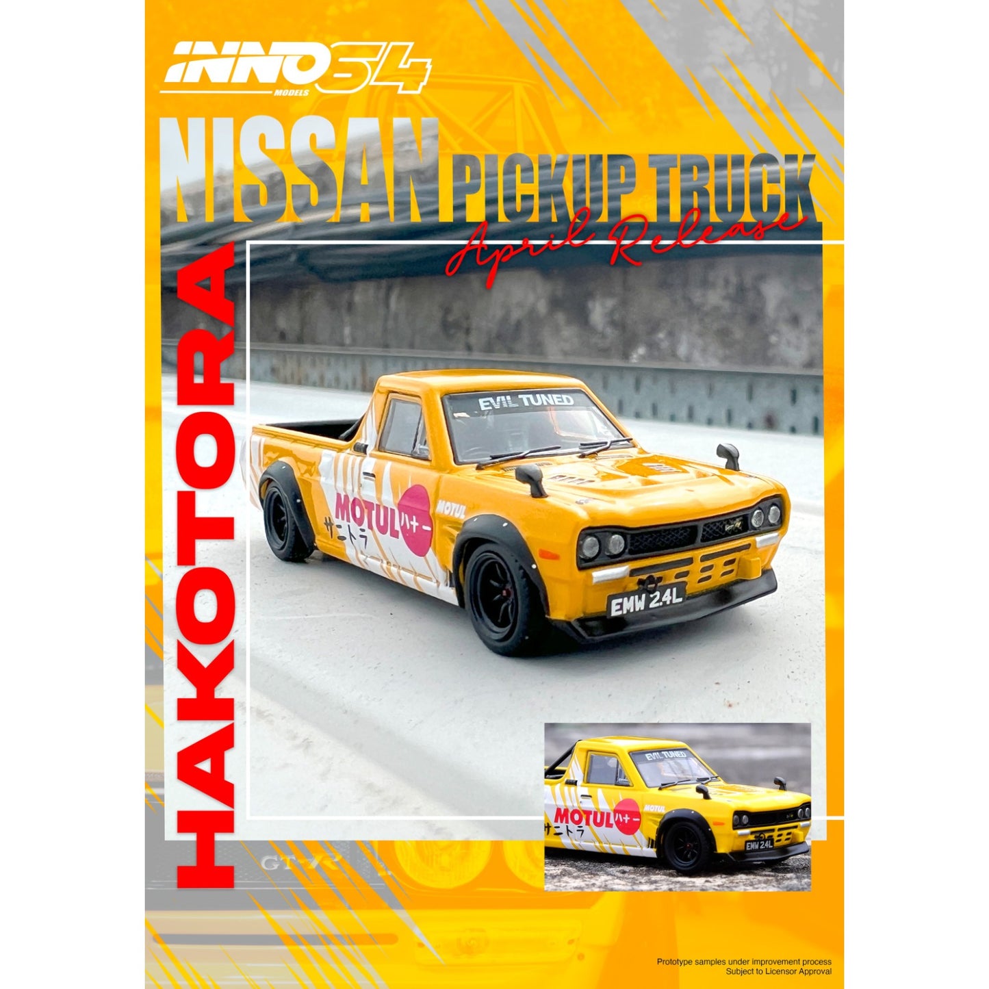 INNO64 - Nissan Hakotora Pick Up Truck *MOTUL* Livery, yellow - 1:64 - IN64-HKT-MOTUL
