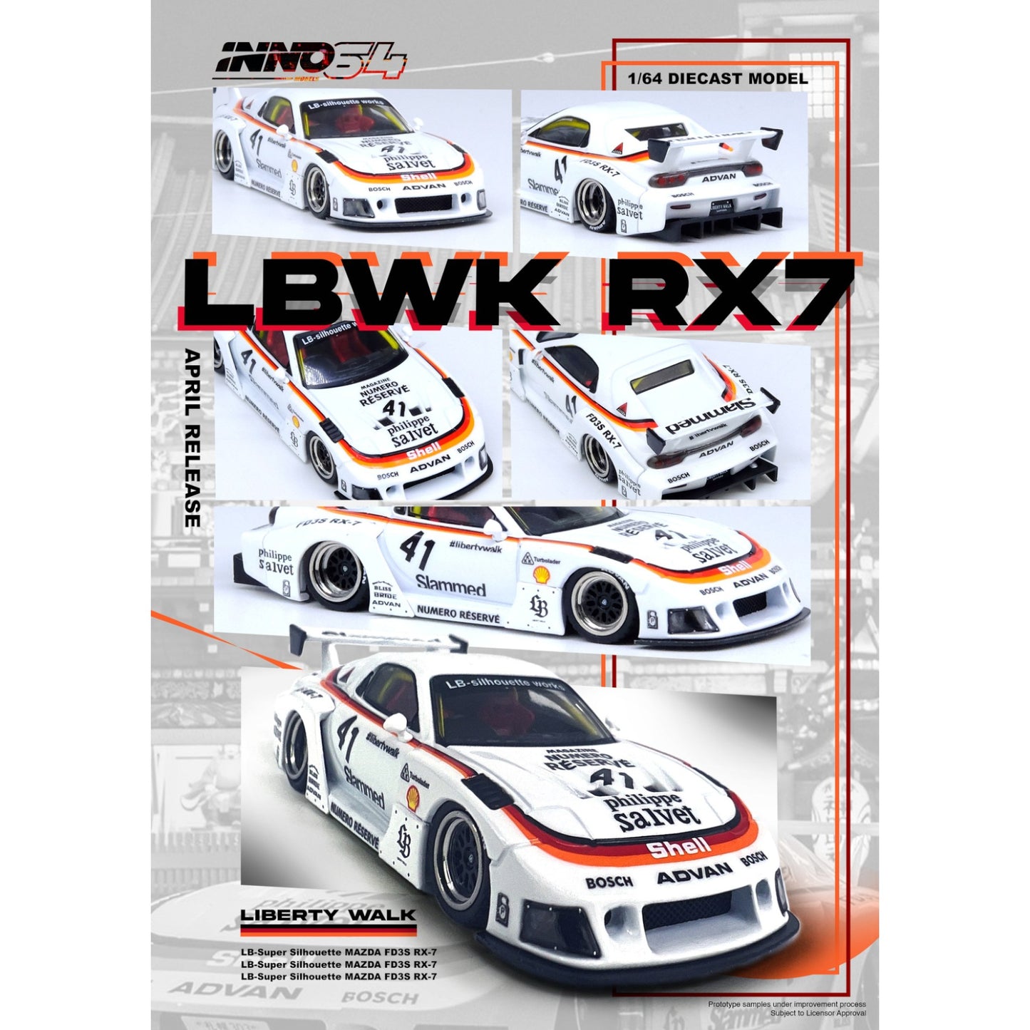 INNO64 - LBWK Mazda RX7 (FD3S) LB Super Silhouette, white/orange/black- 1:64 - IN64-LBWKRX7-02