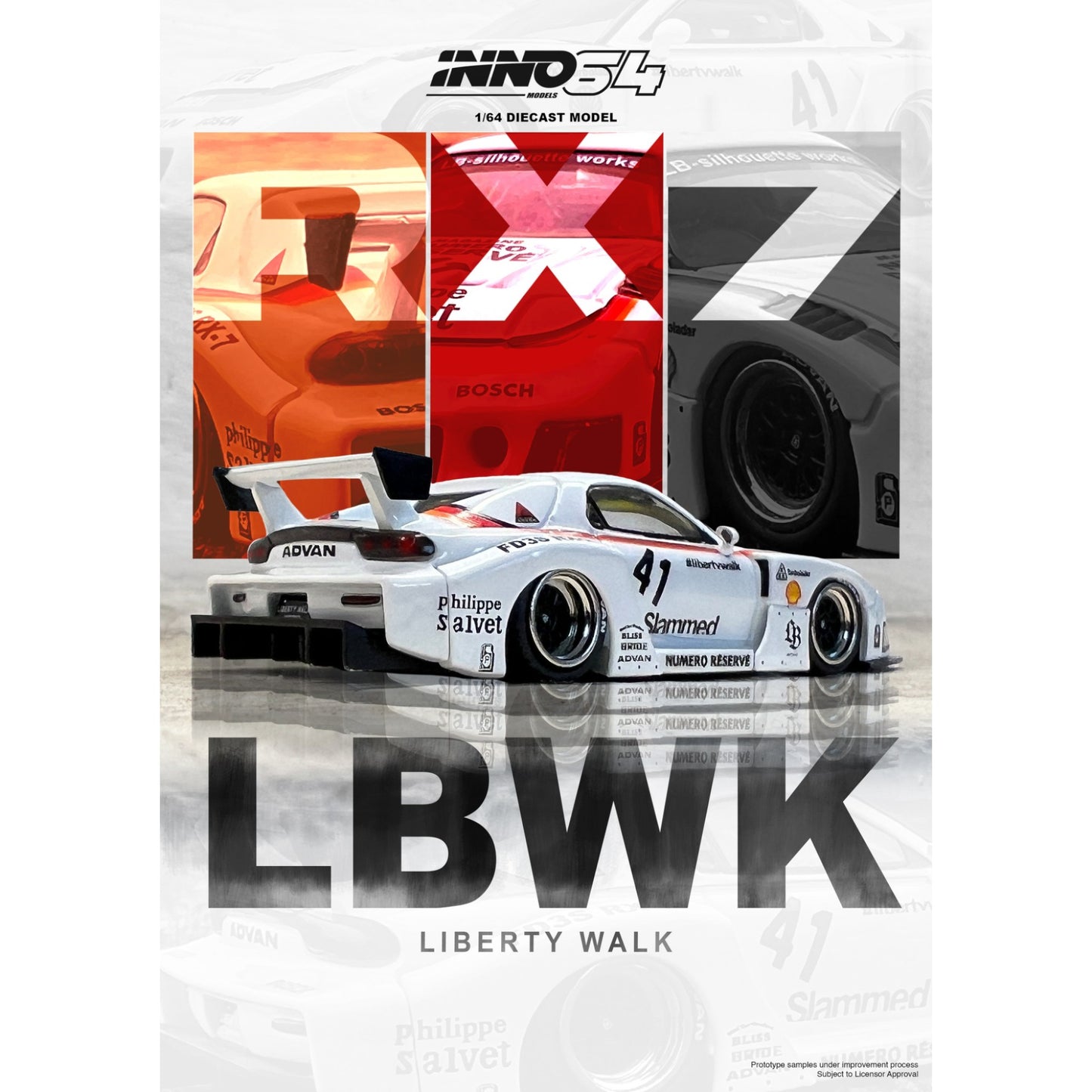 INNO64 - LBWK Mazda RX7 (FD3S) LB Super Silhouette, white/orange/black- 1:64 - IN64-LBWKRX7-02