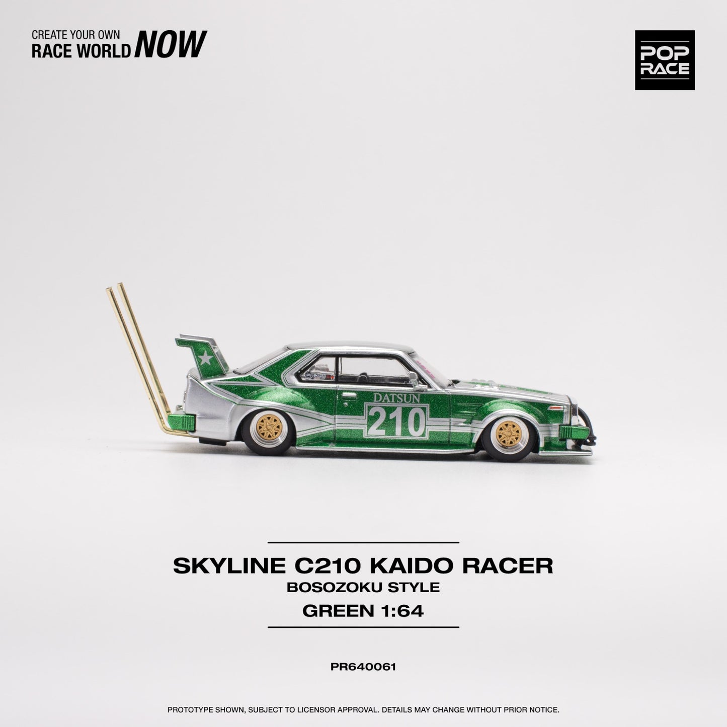 Pop Race - Skyline C210 Kaido House racer *Bosozoku Style*, silver/green - PR640061 - 1:64