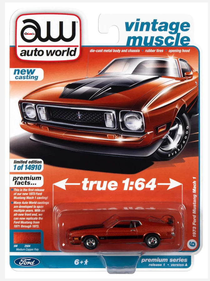 AUTO WORLD - 1973 FORD MUSTANG MACH 1 - Copper / Flat Black - 1:64 - AWSP099A