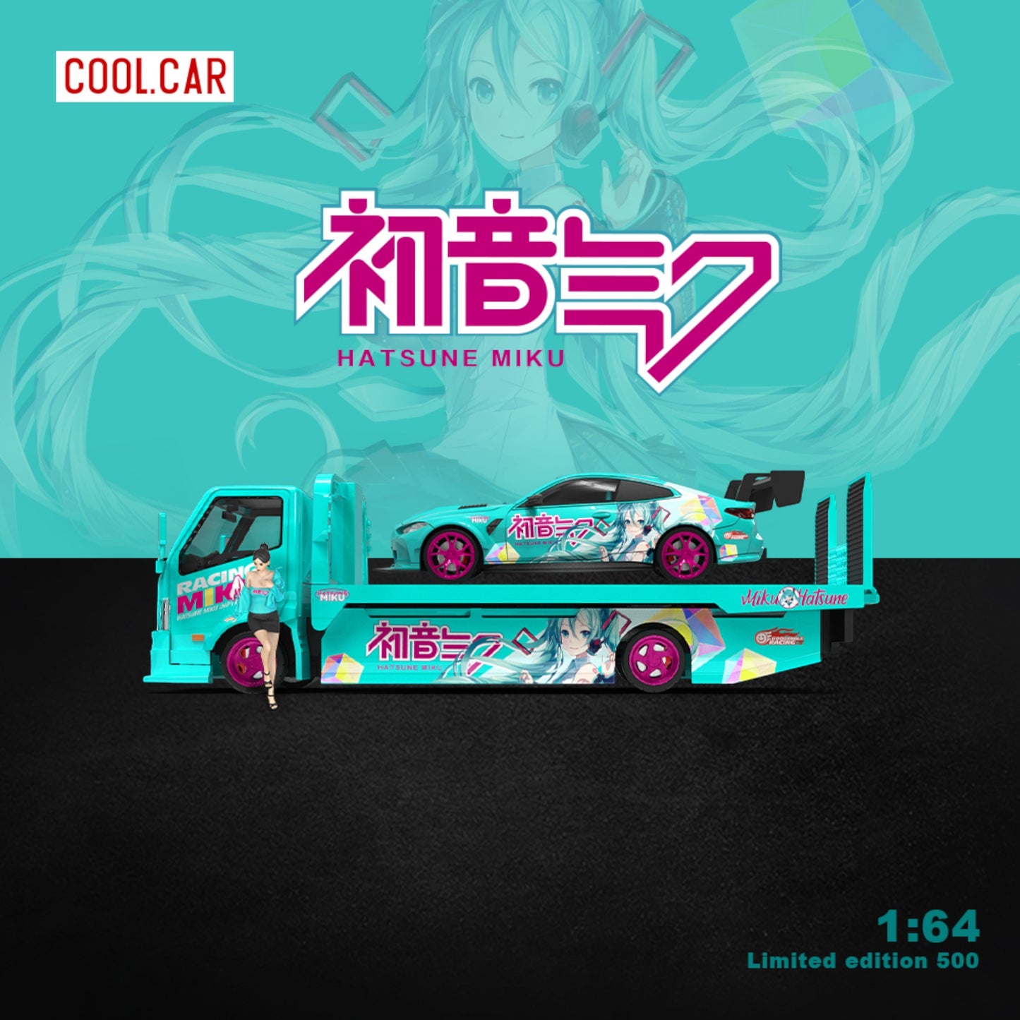 CoolCar - Pre-Order - BMW M4 mit H300 Flatbed Transporter - Hatsune Miku mit Figur - CC647214-T