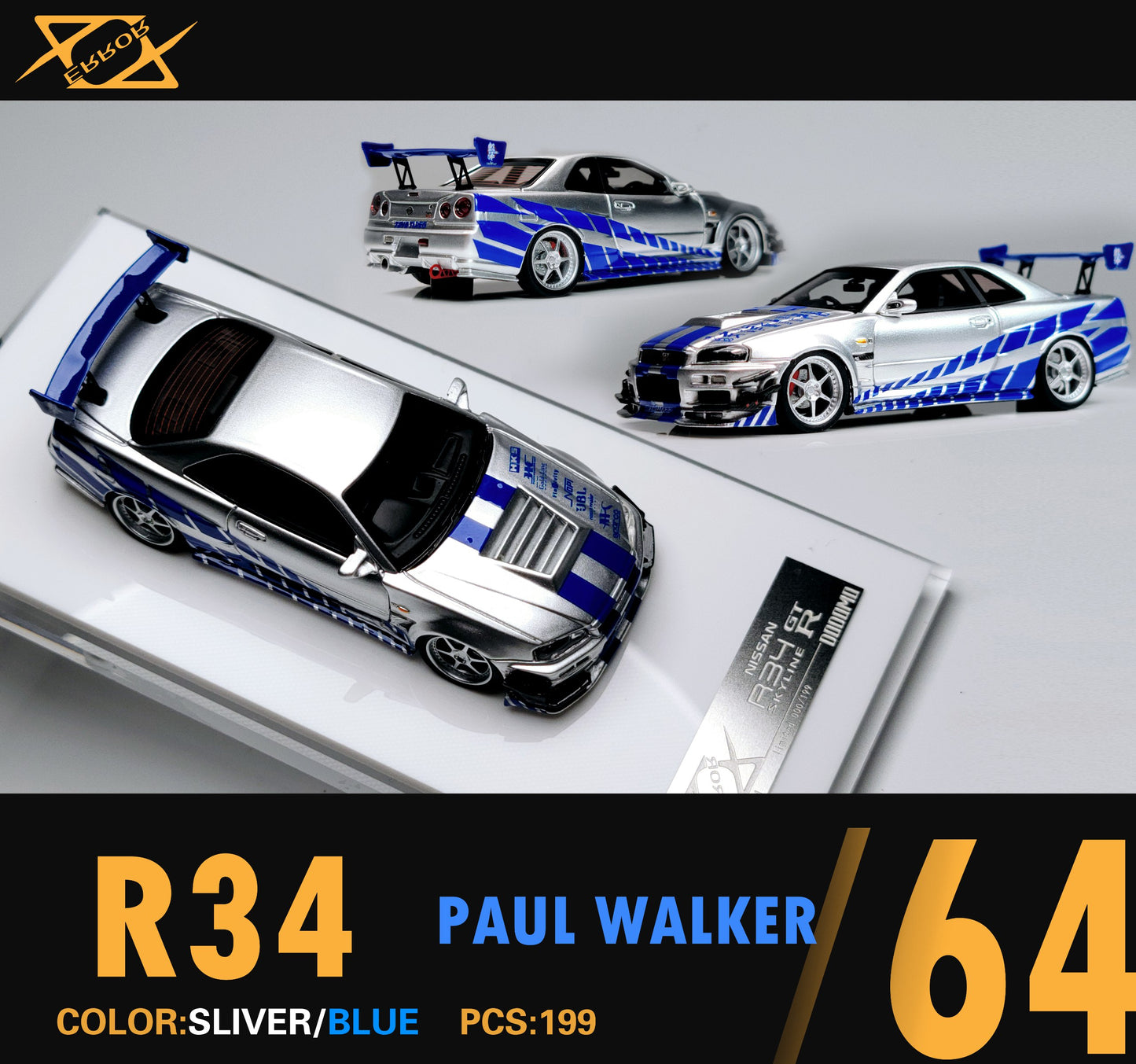 Error404 - Nissan Skyline GT-R (R34) , Paul Walker - Resin - ER404-R34-SILBLU