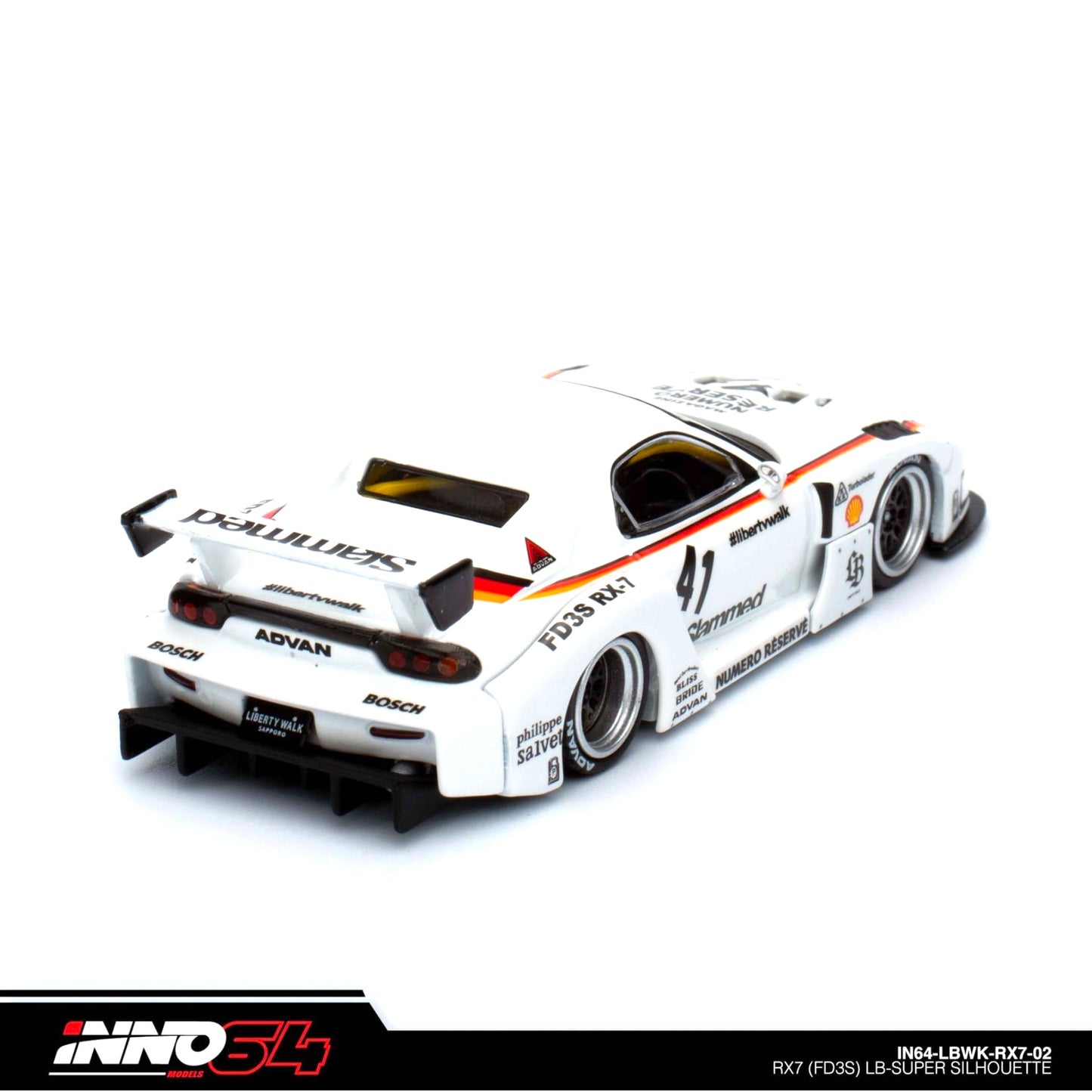 INNO64 - LBWK Mazda RX7 (FD3S) LB Super Silhouette, white/orange/black- 1:64 - IN64-LBWKRX7-02