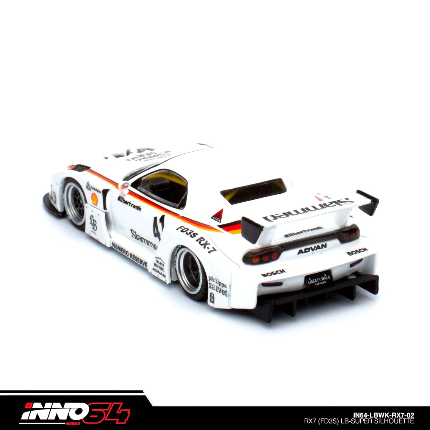 INNO64 - LBWK Mazda RX7 (FD3S) LB Super Silhouette, white/orange/black- 1:64 - IN64-LBWKRX7-02