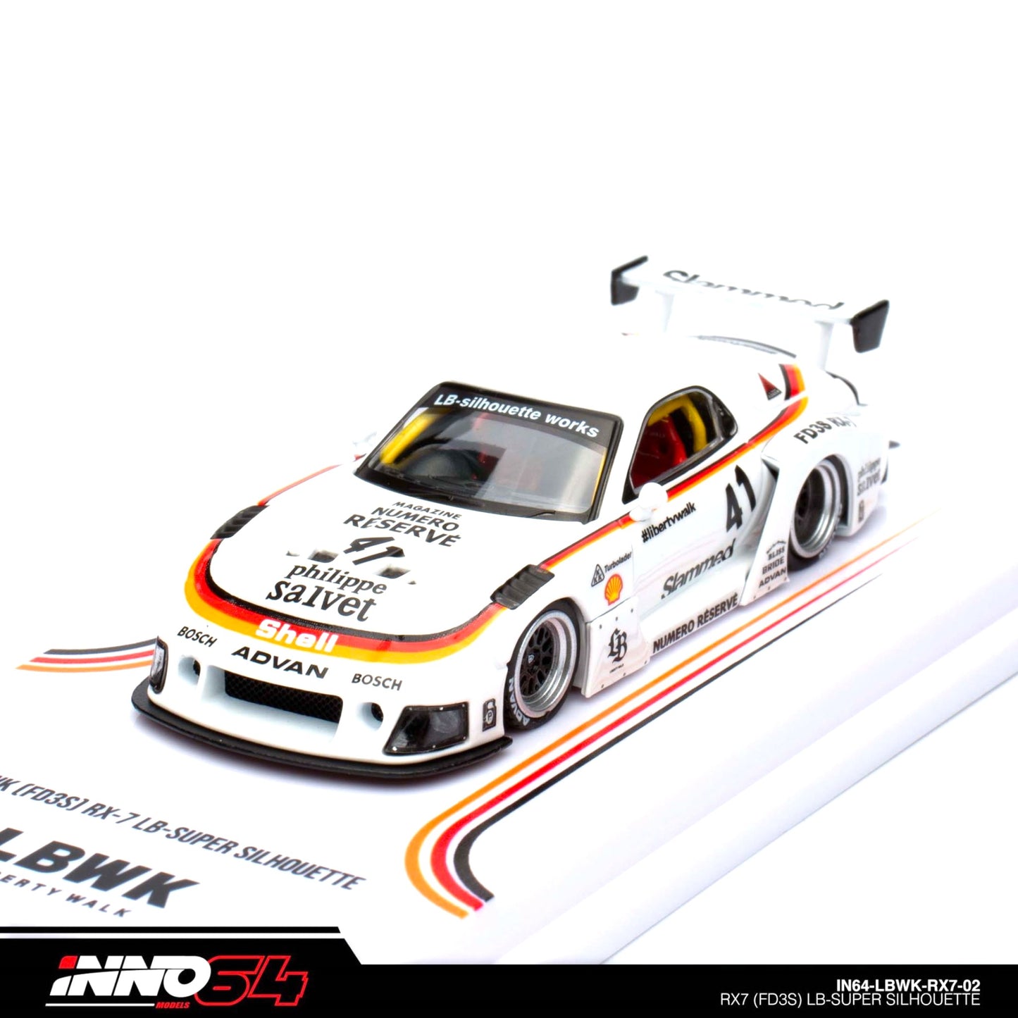 INNO64 - LBWK Mazda RX7 (FD3S) LB Super Silhouette, white/orange/black- 1:64 - IN64-LBWKRX7-02