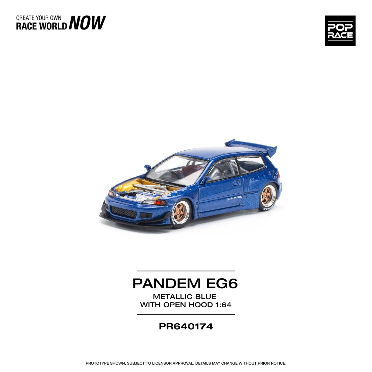 Pop Race - Pre-Order - Pandem Civic EG6, metallic blue with open hood - PR640174
