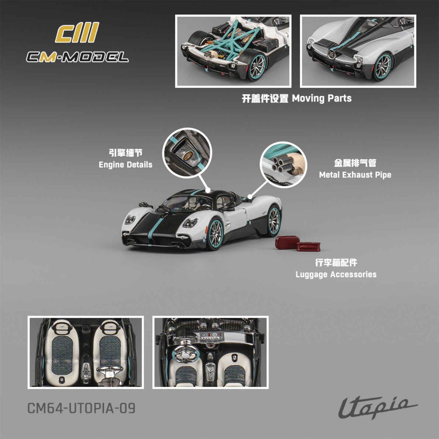CM Model - Pre-Order - Pagani Utopia Pearl white with Carbon - CM64-Utopia-09 - 1:64