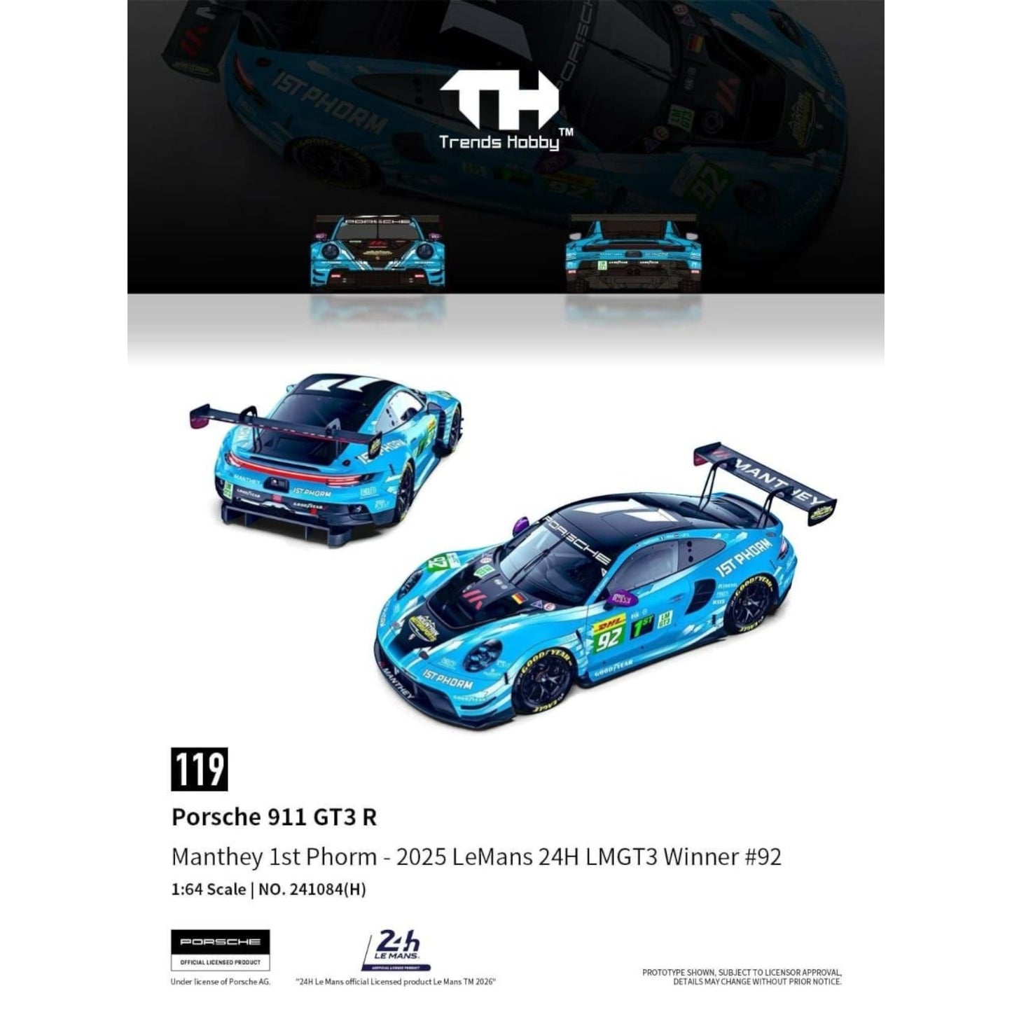 Trends Hobby - Pre-Order - Porsche 911 GT3 R - Manthey 1st Phorm - 2025 LeMans 24H LMGT3 Winner #92 - 241084-H