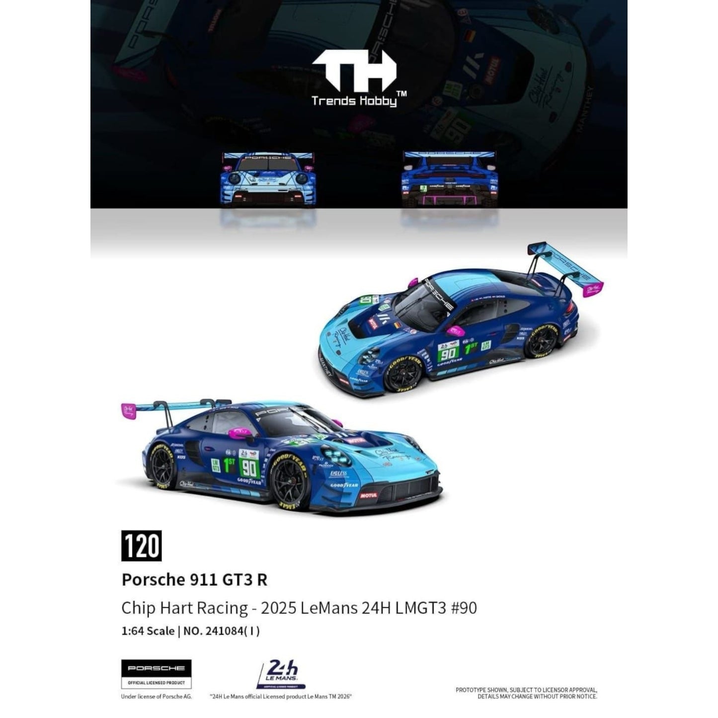 Trends Hobby - Pre-Order - Porsche 911 GT3 R - Chip Hart Racing - 2025 LeMans 24H LMGT3 #90 - 241084-I