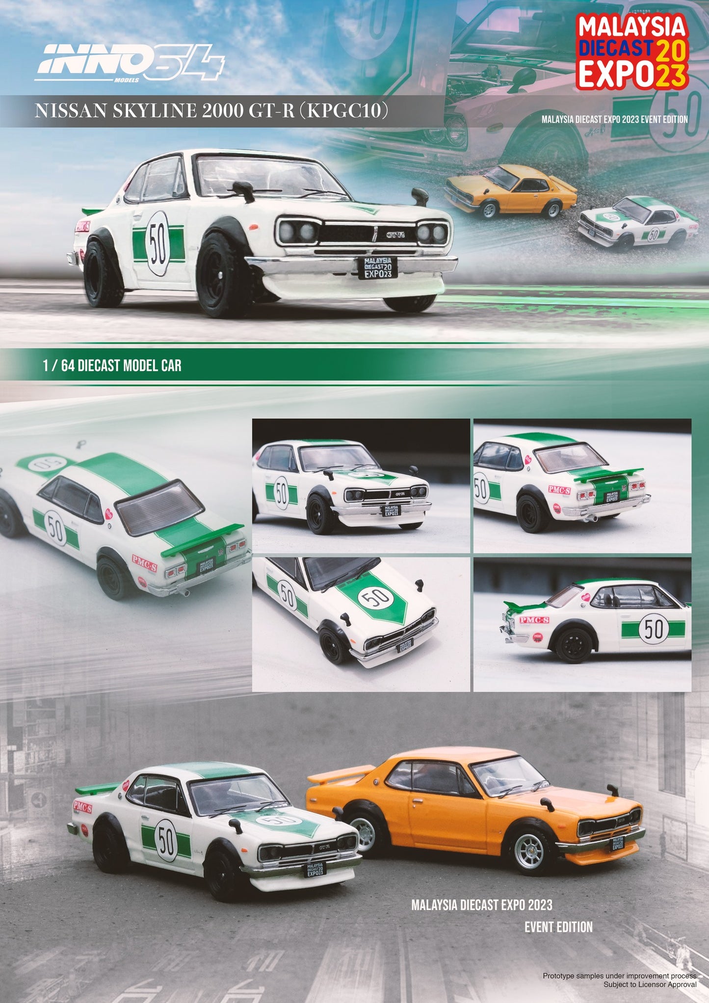 INNO64 - Nissan Skyline 2000 GT-R (KPGC10), white/green Malaysia Diecast 2023 Special Expo Edition - 1:64 - IN64-KPGC10-MDX23WH