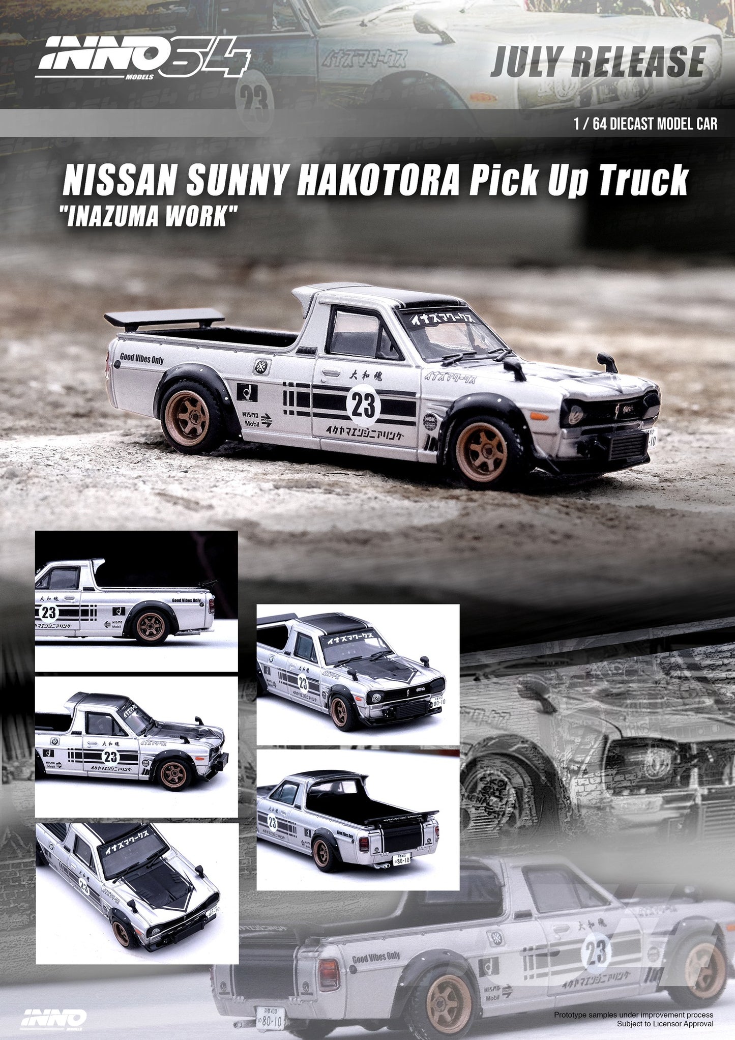 INNO64 - Nissan Sunny Hakotora Pick Up Truck *Inazuma Work*, grey- 1:64 - IN64-HKT-23R