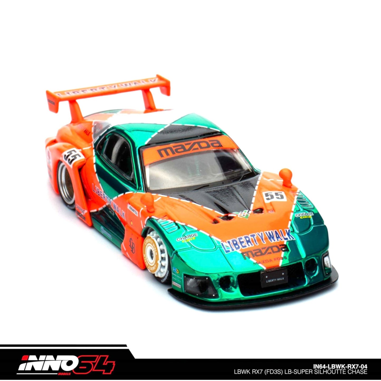 INNO64 - LBWK Mazda RX7 (FD3S) LB Super Silhouette, green/orange - 1:64 - IN64-LBWK-RX7-04 - Chase Car