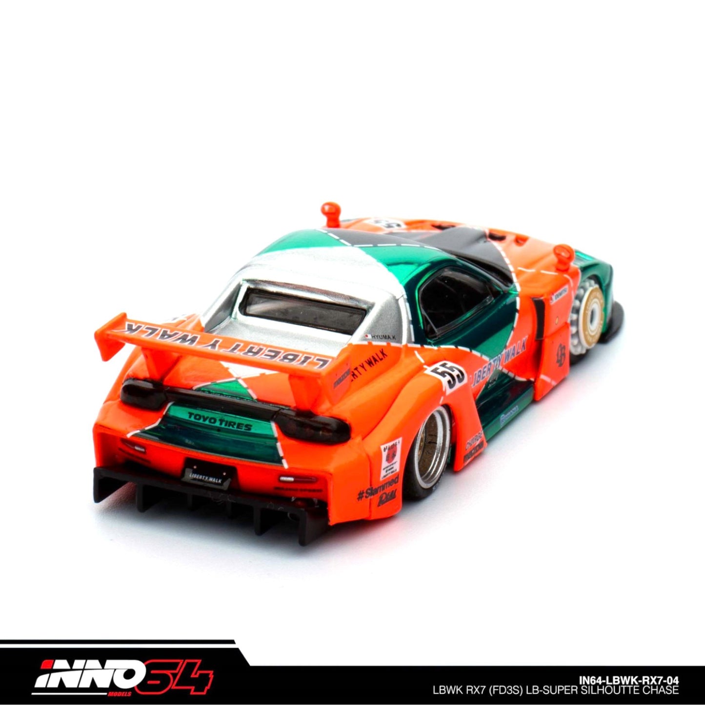 INNO64 - LBWK Mazda RX7 (FD3S) LB Super Silhouette, green/orange - 1:64 - IN64-LBWK-RX7-04 - Chase Car