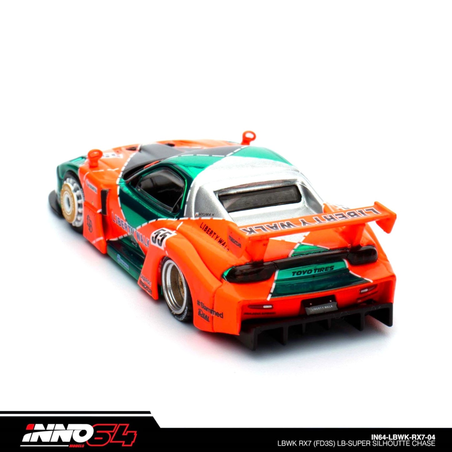INNO64 - LBWK Mazda RX7 (FD3S) LB Super Silhouette, green/orange - 1:64 - IN64-LBWK-RX7-04 - Chase Car