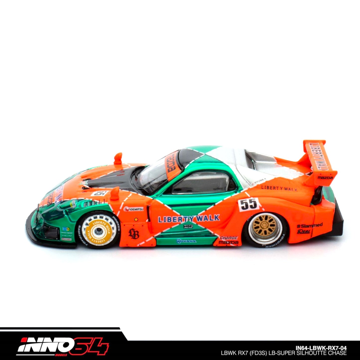 INNO64 - LBWK Mazda RX7 (FD3S) LB Super Silhouette, green/orange - 1:64 - IN64-LBWK-RX7-04 - Chase Car