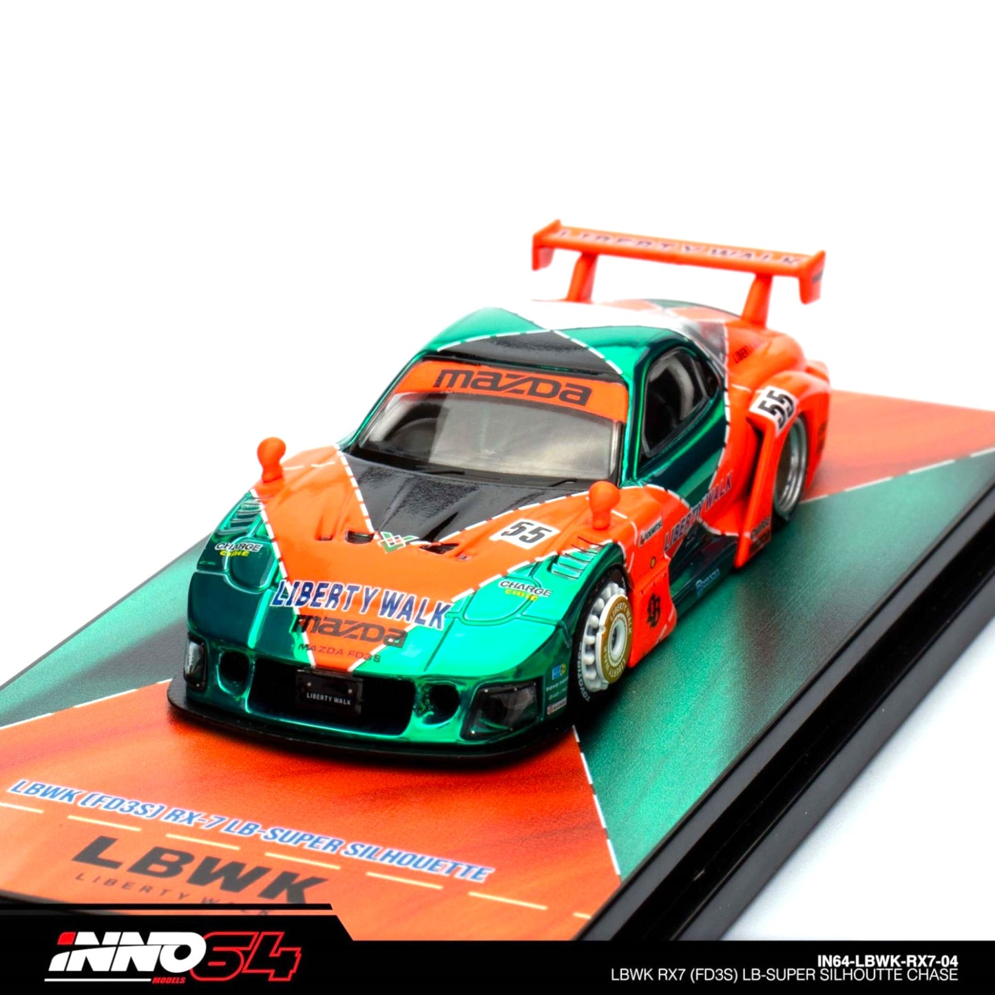 INNO64 - LBWK Mazda RX7 (FD3S) LB Super Silhouette, green/orange - 1:64 - IN64-LBWK-RX7-04 - Chase Car