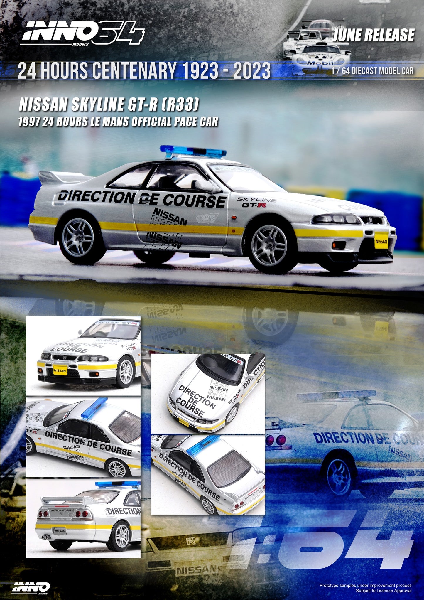 INNO64 - 1997 Nissan Skyline GT-R (R33) 24 Hours Le Mans Offical Pace Car, silver/yellow - 1:64 - IN64-R33-LMPC