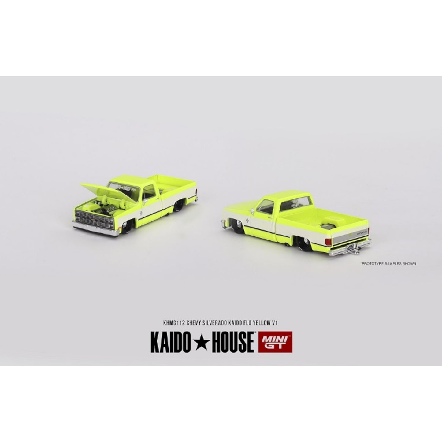 Mini GT Kaido House - 1980 Kaido House Chevrolet Silverado Kaido Works, flo yellow/white - KHMG112 - 1:64