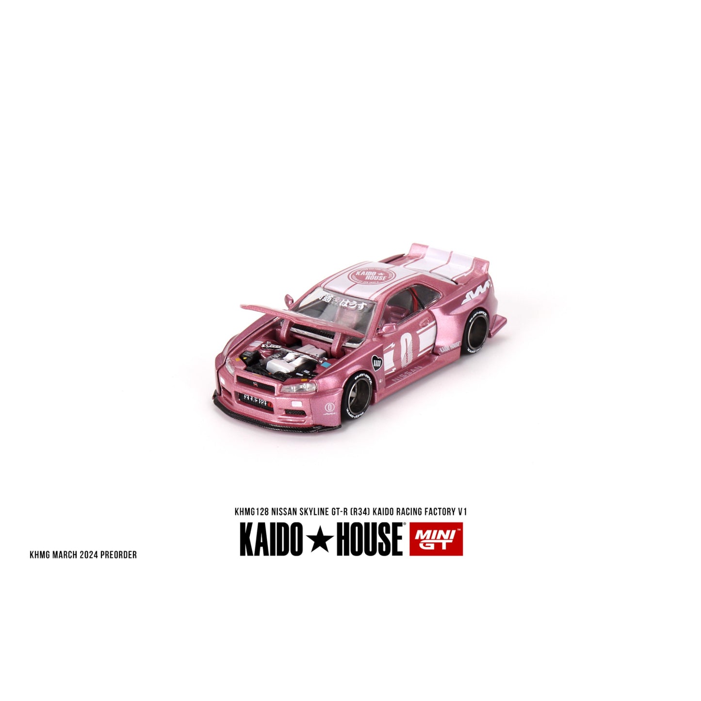 Mini GT Kaido House - 1999 Nissan Skyline GT-R (R34) Kaido Racing Factory V1, pink - KHMG128 - 1:64