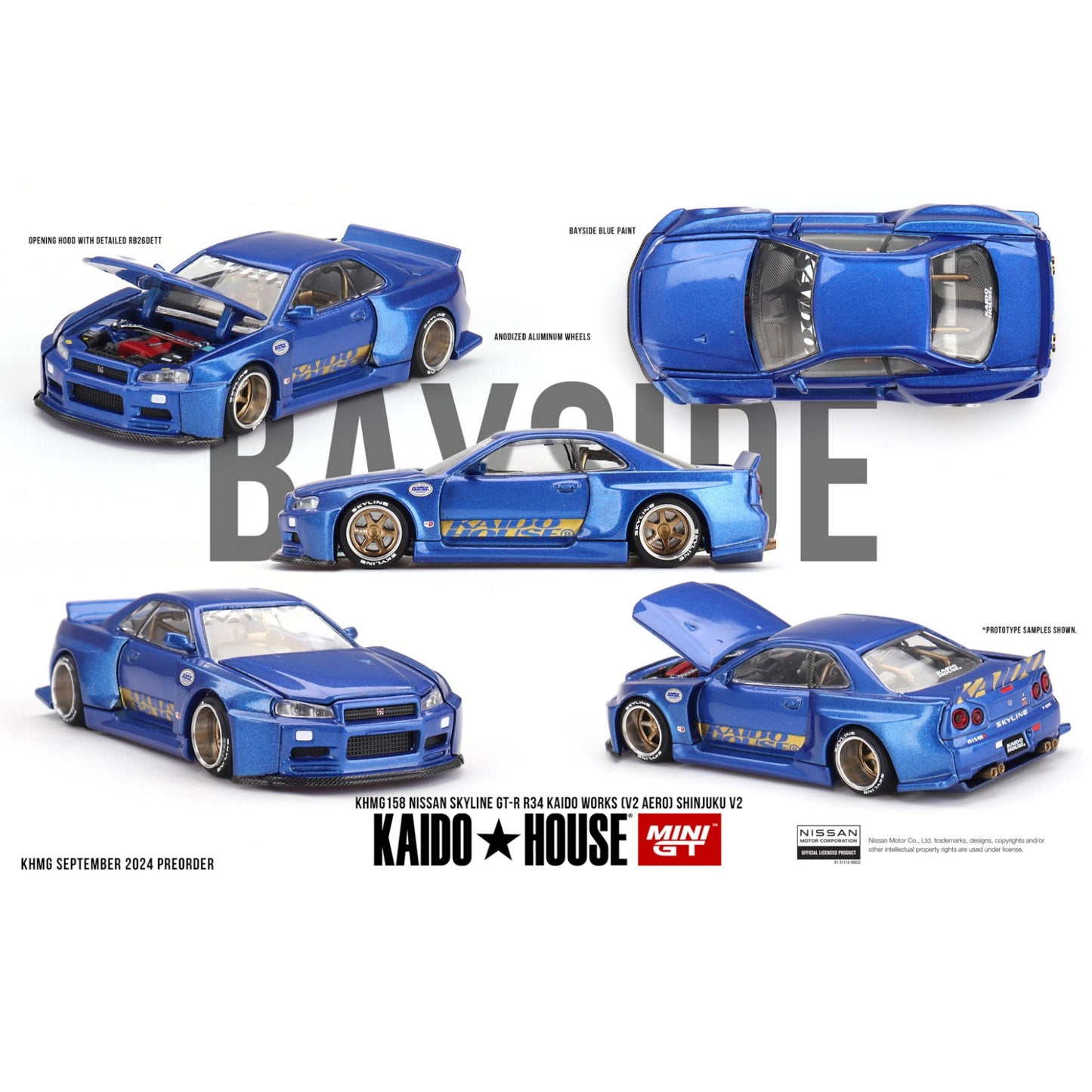 Mini GT Kaido House - Nissan Skyline GT-R (R34) (V2 Aero) Shinjuku V2, blue - KHMG158 - 1:64