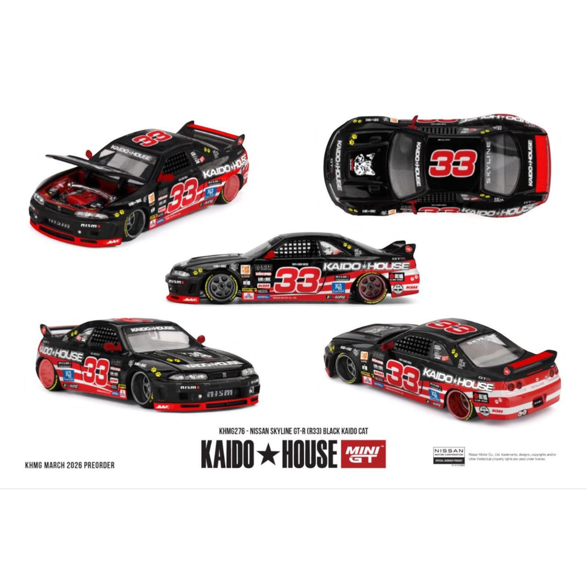 Mini GT Kaido House - Pre-Order - Nissan Skyline GT-R (R33) Black Kaido Cat - KHMG276