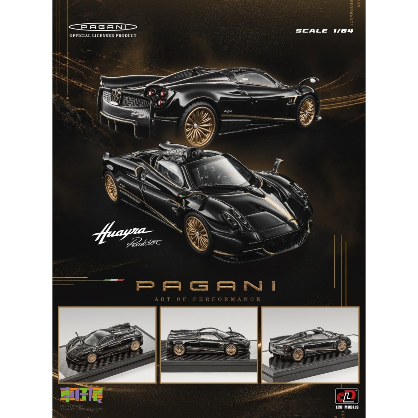 LCD Model - Pre-Order - Pagani Huayra Roadster BC, Black/Gold - Hong Kong ToyCar Salon 2026 - LCD64011-BG