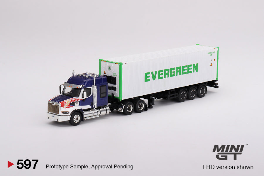 Mini GT - Western Star 49X Blue w/ 40' Reefer Container "EVERGREEN" - MGT00597 (LHD)