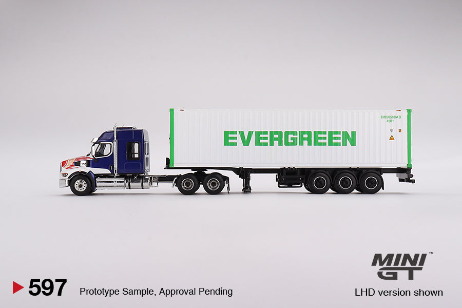 Mini GT - Western Star 49X Blue w/ 40' Reefer Container "EVERGREEN" - MGT00597 (LHD)