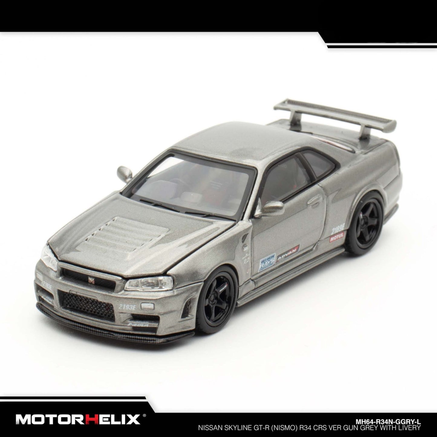 Motorhelix - Nissan Skyline GT-R (R34) Nismo CRS 2002 - Gun Grey with Livery - MH64-R34N-GGRY-L