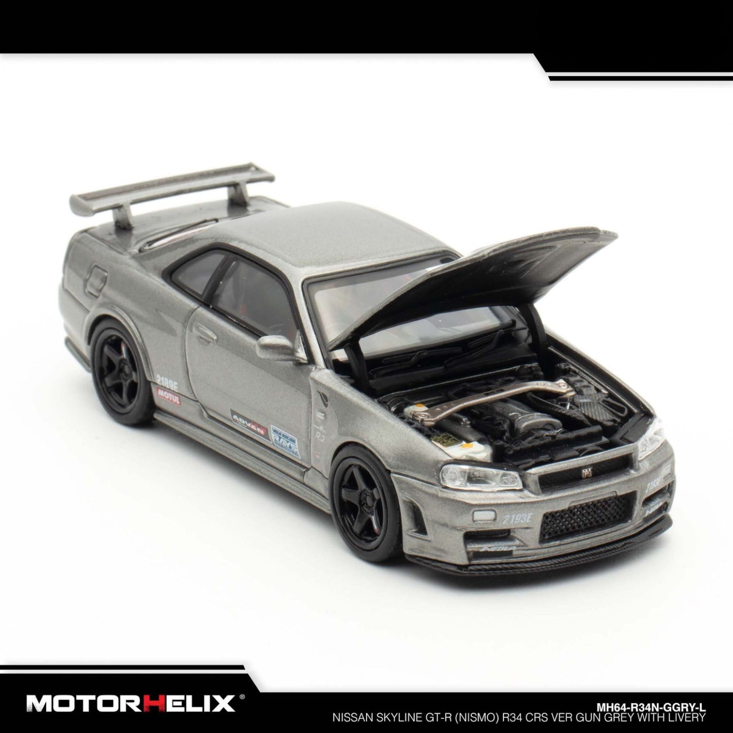 Motorhelix - Nissan Skyline GT-R (R34) Nismo CRS 2002 - Gun Grey with Livery - MH64-R34N-GGRY-L
