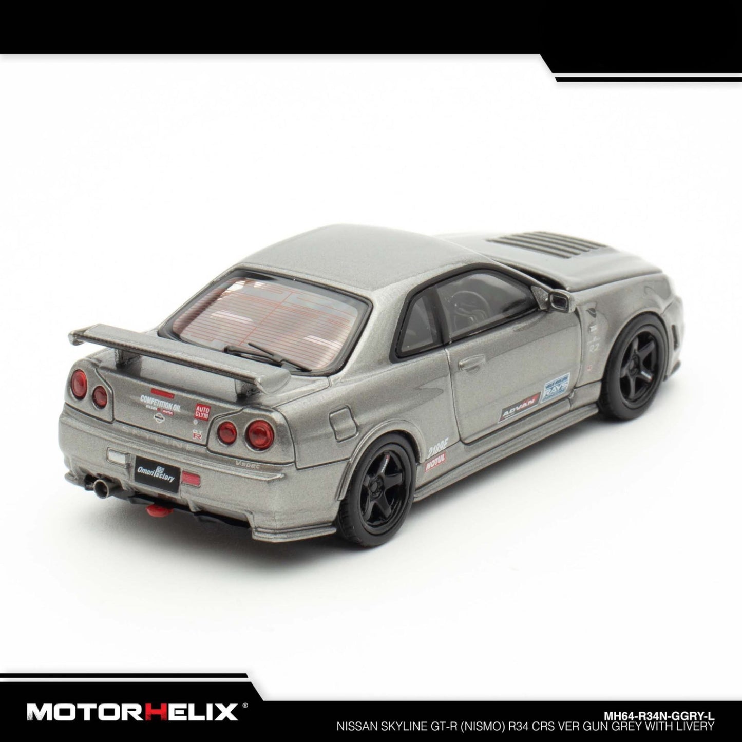 Motorhelix - Nissan Skyline GT-R (R34) Nismo CRS 2002 - Gun Grey with Livery - MH64-R34N-GGRY-L