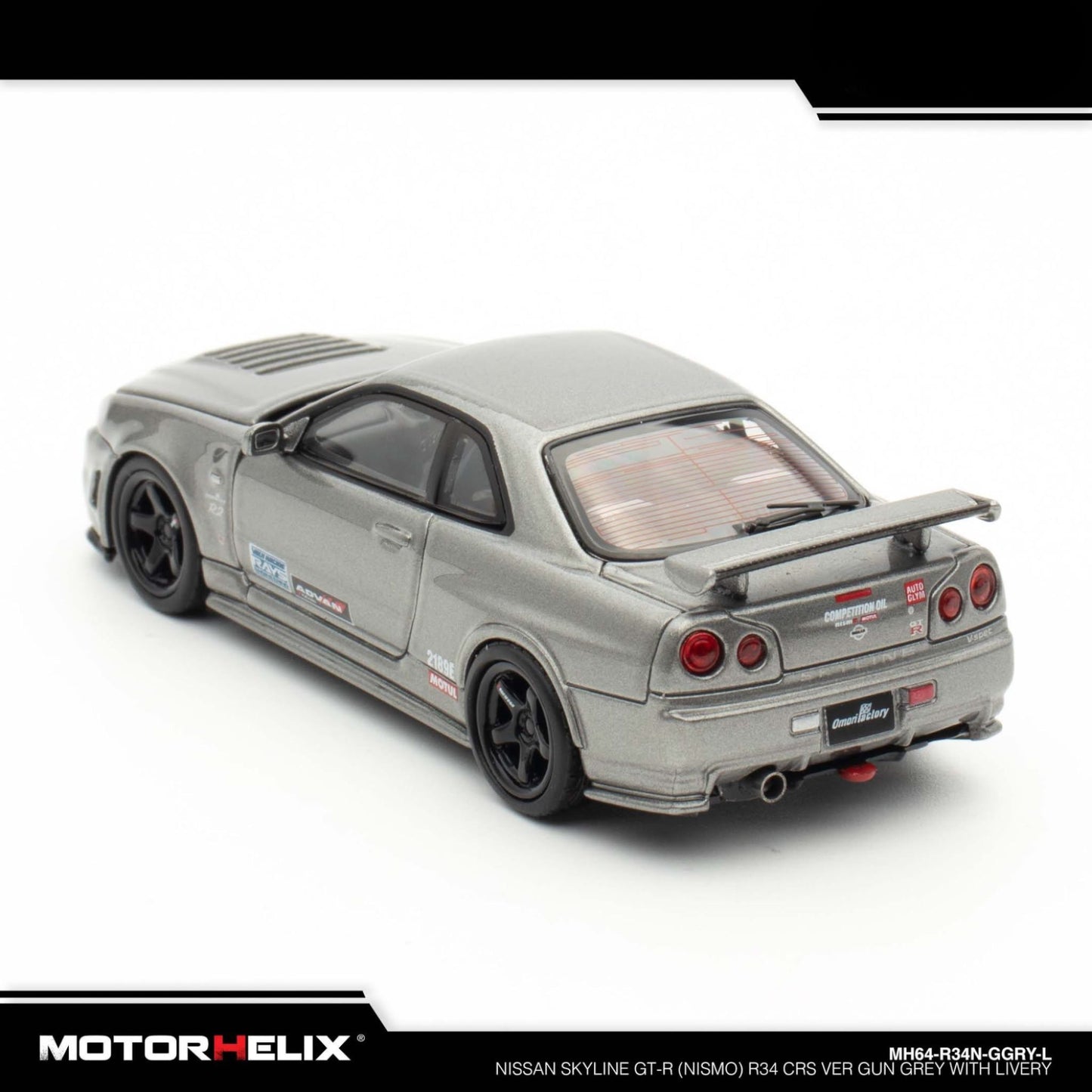 Motorhelix - Nissan Skyline GT-R (R34) Nismo CRS 2002 - Gun Grey with Livery - MH64-R34N-GGRY-L