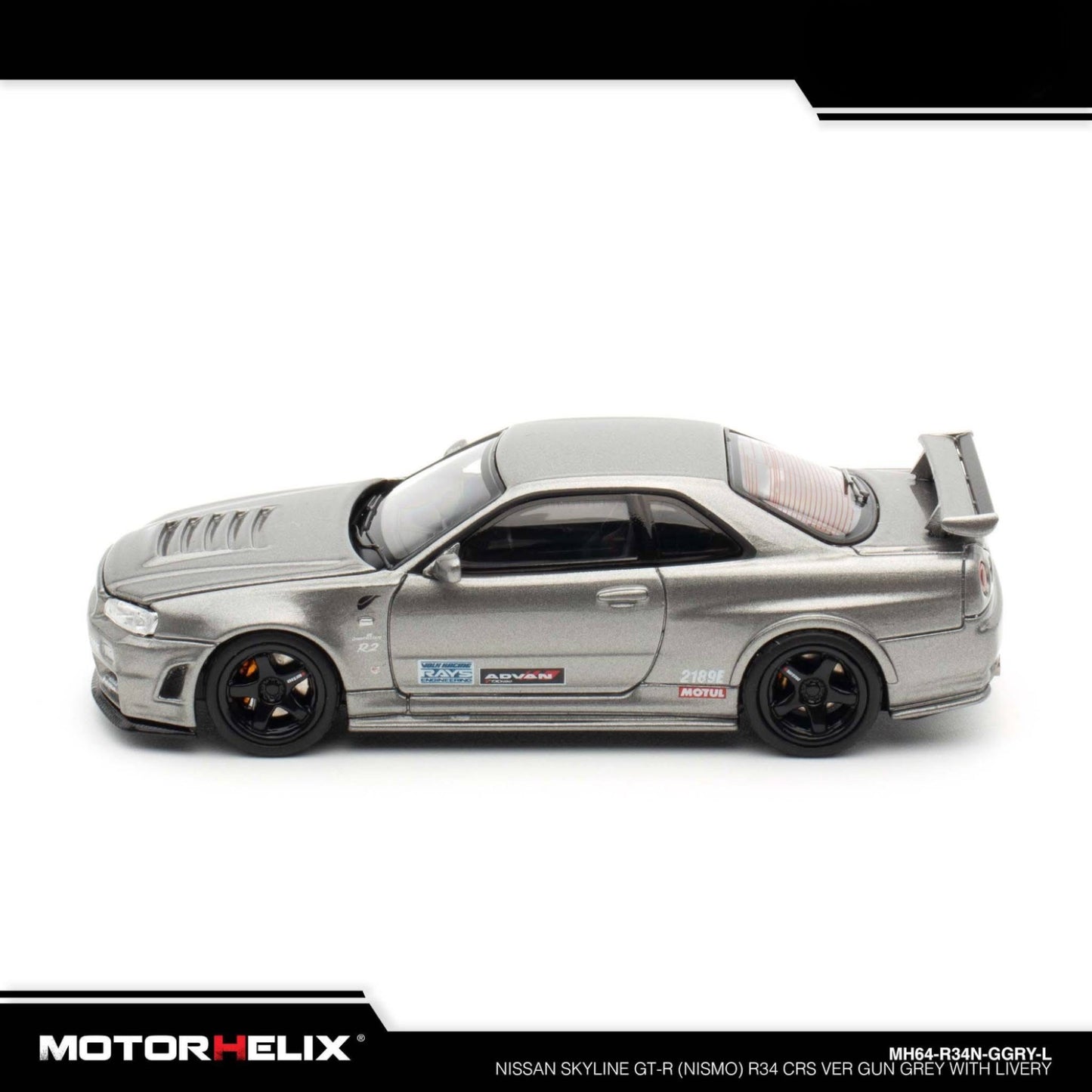 Motorhelix - Nissan Skyline GT-R (R34) Nismo CRS 2002 - Gun Grey with Livery - MH64-R34N-GGRY-L