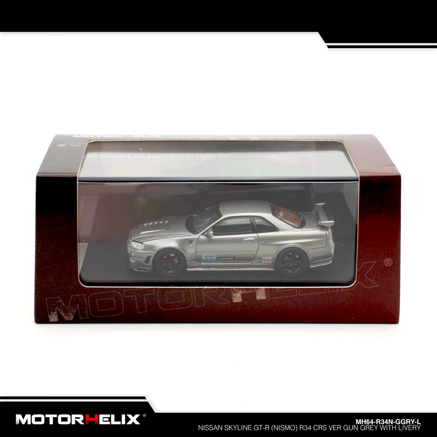 Motorhelix - Nissan Skyline GT-R (R34) Nismo CRS 2002 - Gun Grey with Livery - MH64-R34N-GGRY-L