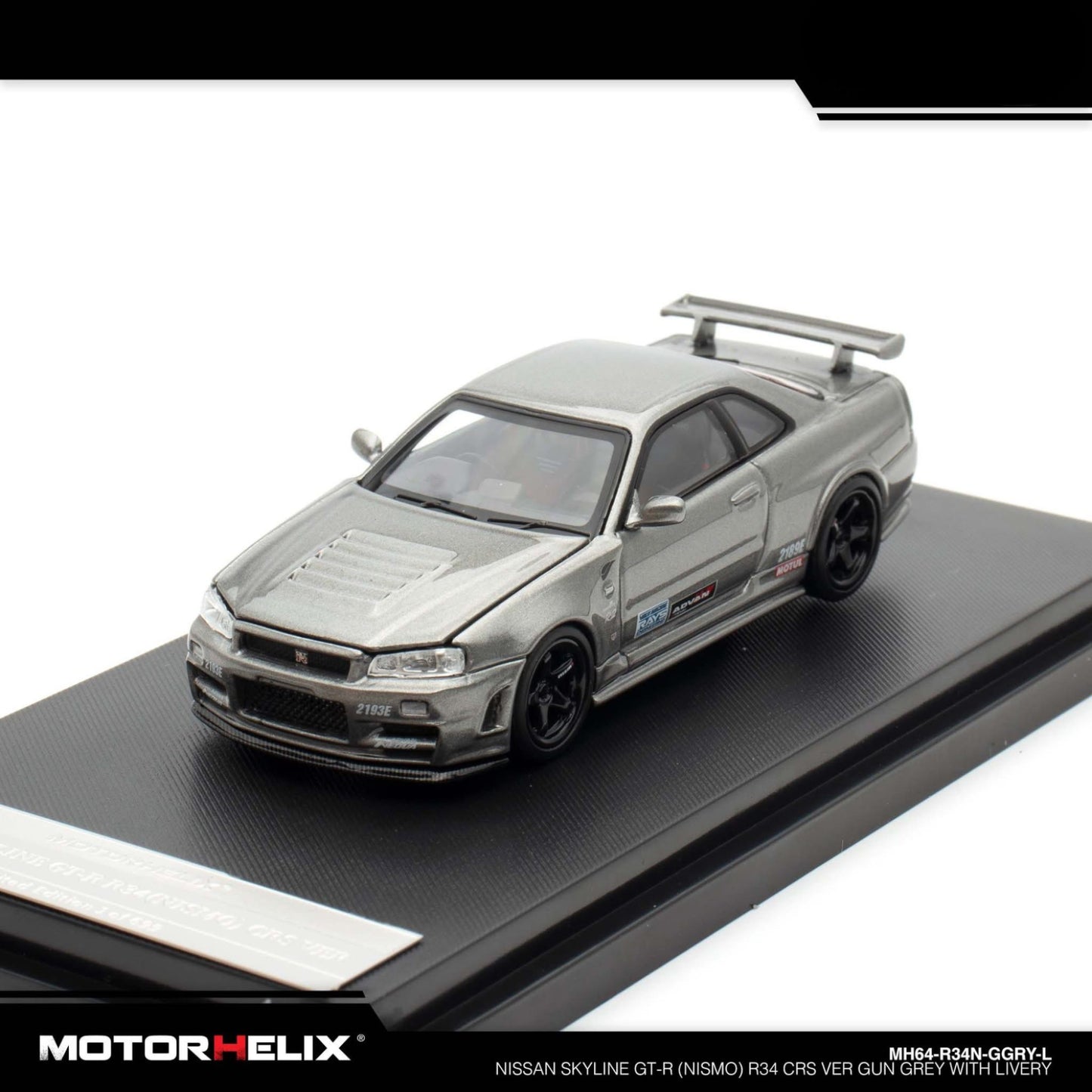 Motorhelix - Nissan Skyline GT-R (R34) Nismo CRS 2002 - Gun Grey with Livery - MH64-R34N-GGRY-L