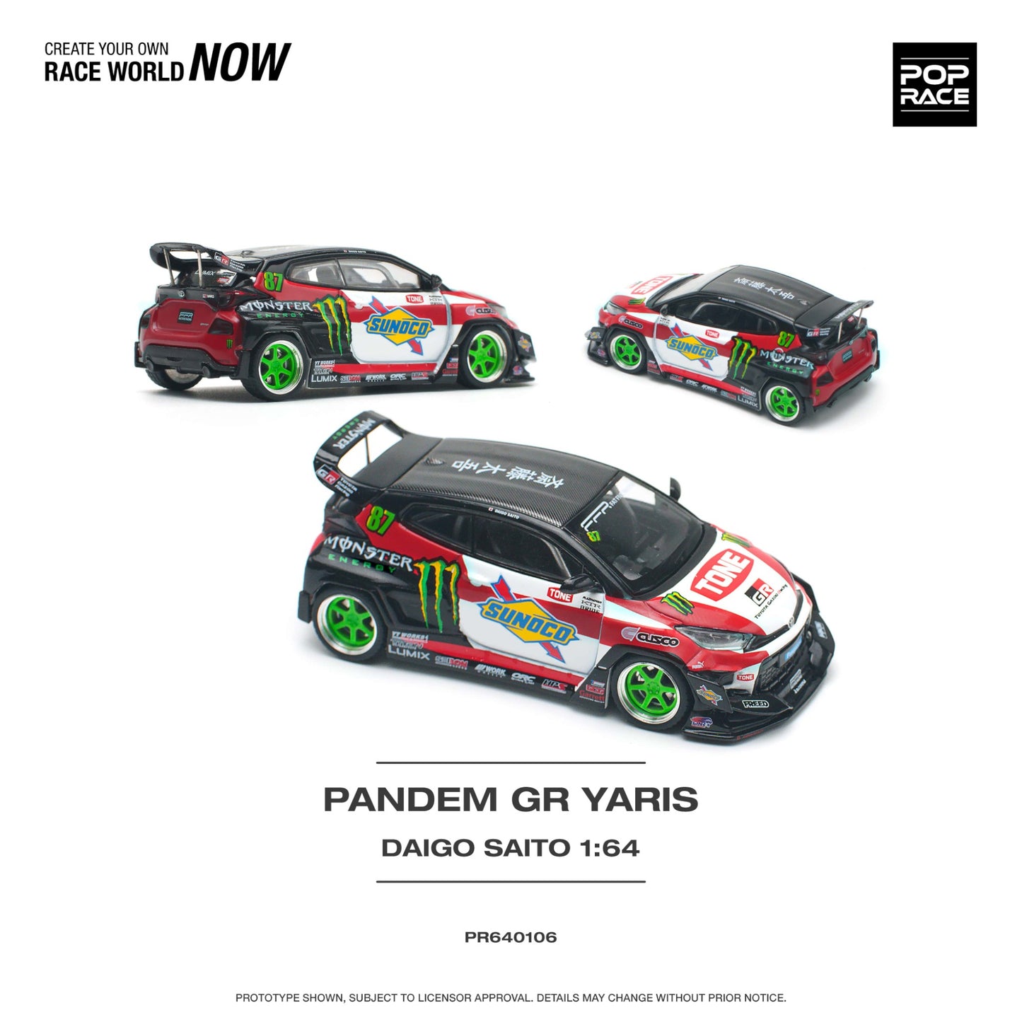 Pop Race - Toyota Pandem GR Yaris Daigo Saito - Monster Energy - PR640106 - 1:64