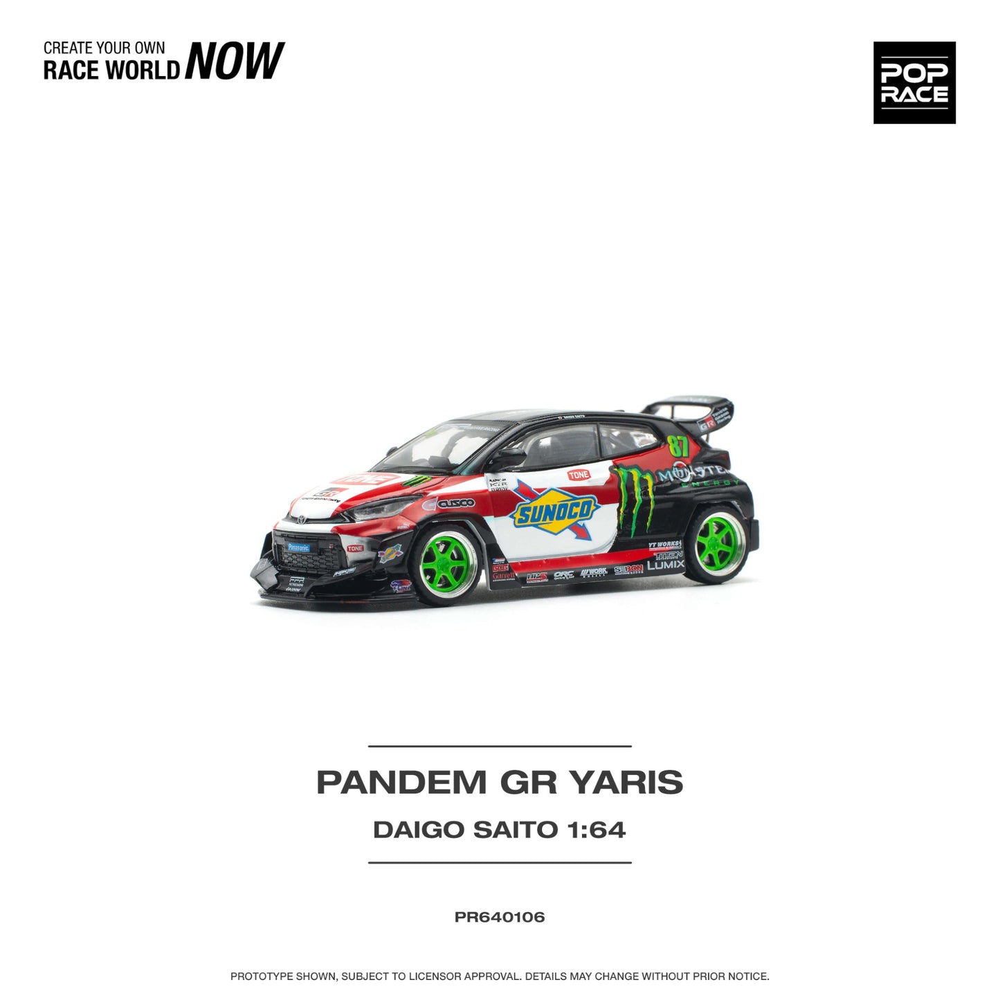 Pop Race - Toyota Pandem GR Yaris Daigo Saito - Monster Energy - PR640106 - 1:64