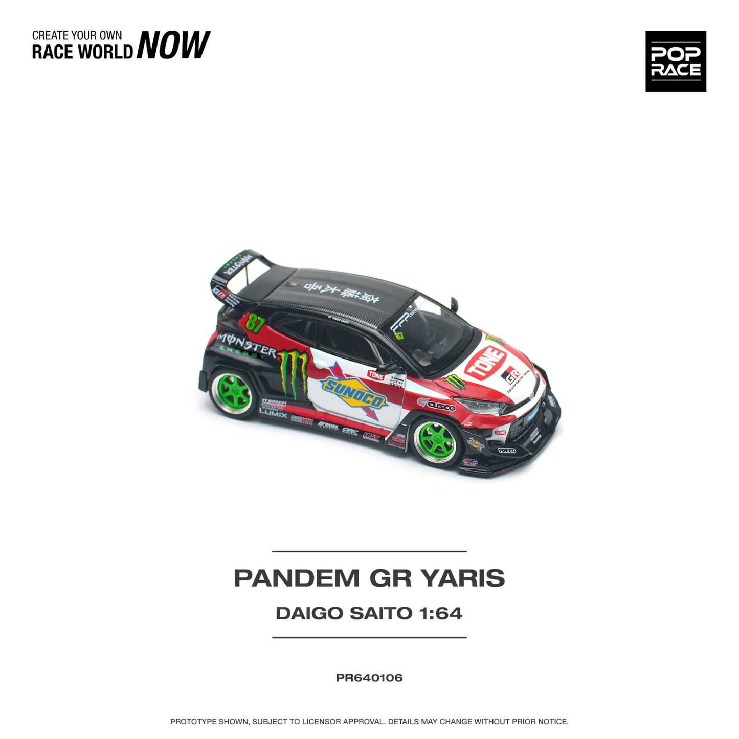 Pop Race - Toyota Pandem GR Yaris Daigo Saito - Monster Energy - PR640106 - 1:64