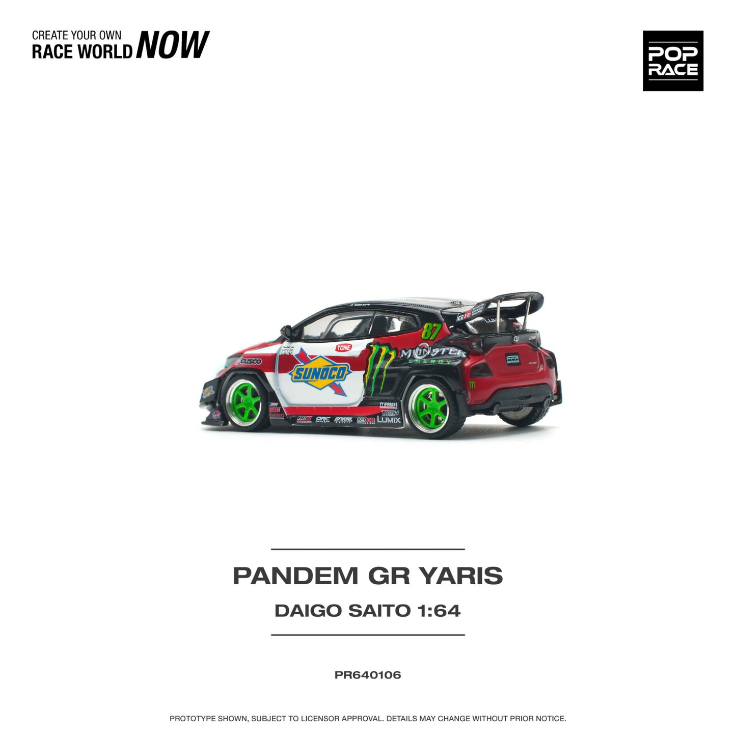 Pop Race - Toyota Pandem GR Yaris Daigo Saito - Monster Energy - PR640106 - 1:64
