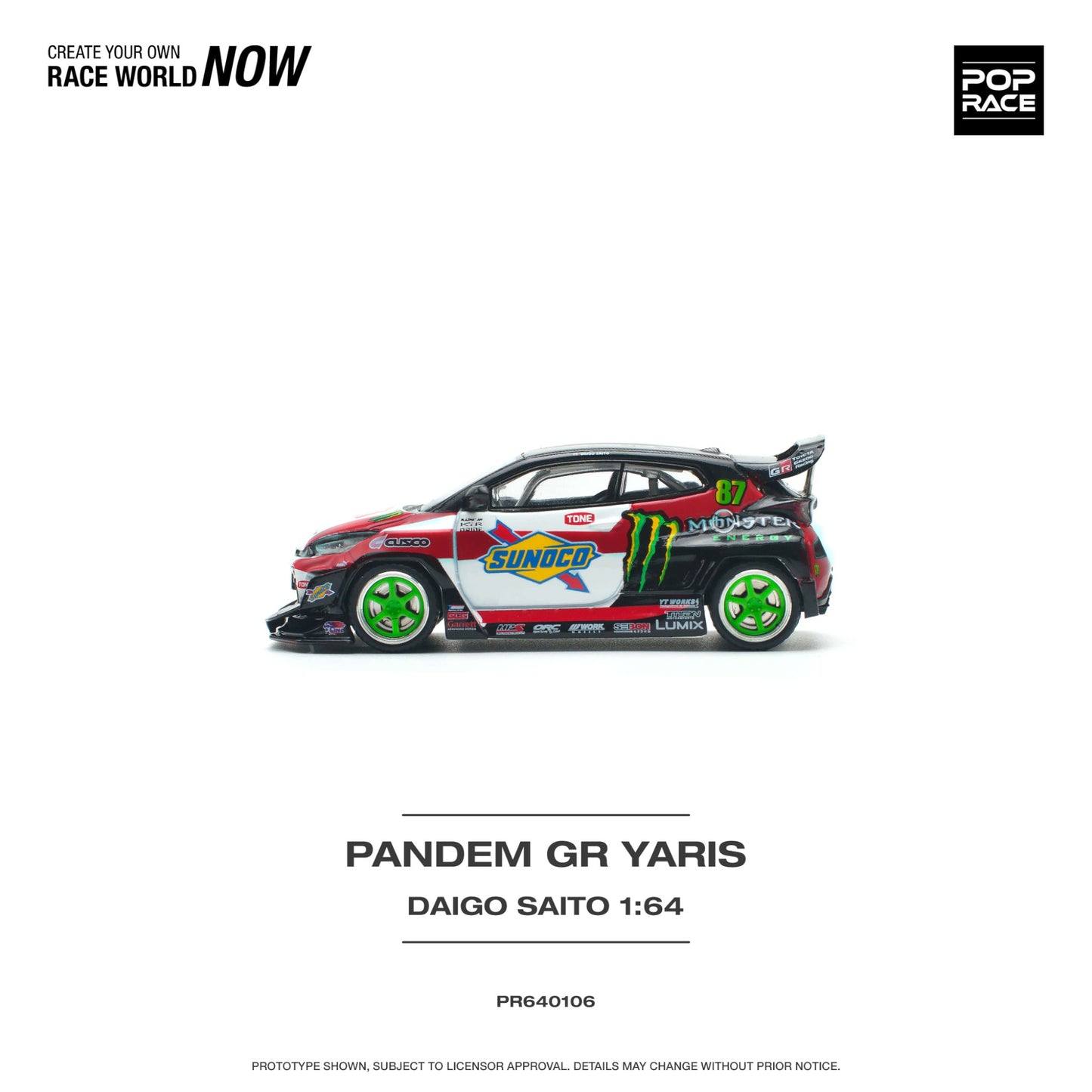 Pop Race - Toyota Pandem GR Yaris Daigo Saito - Monster Energy - PR640106 - 1:64
