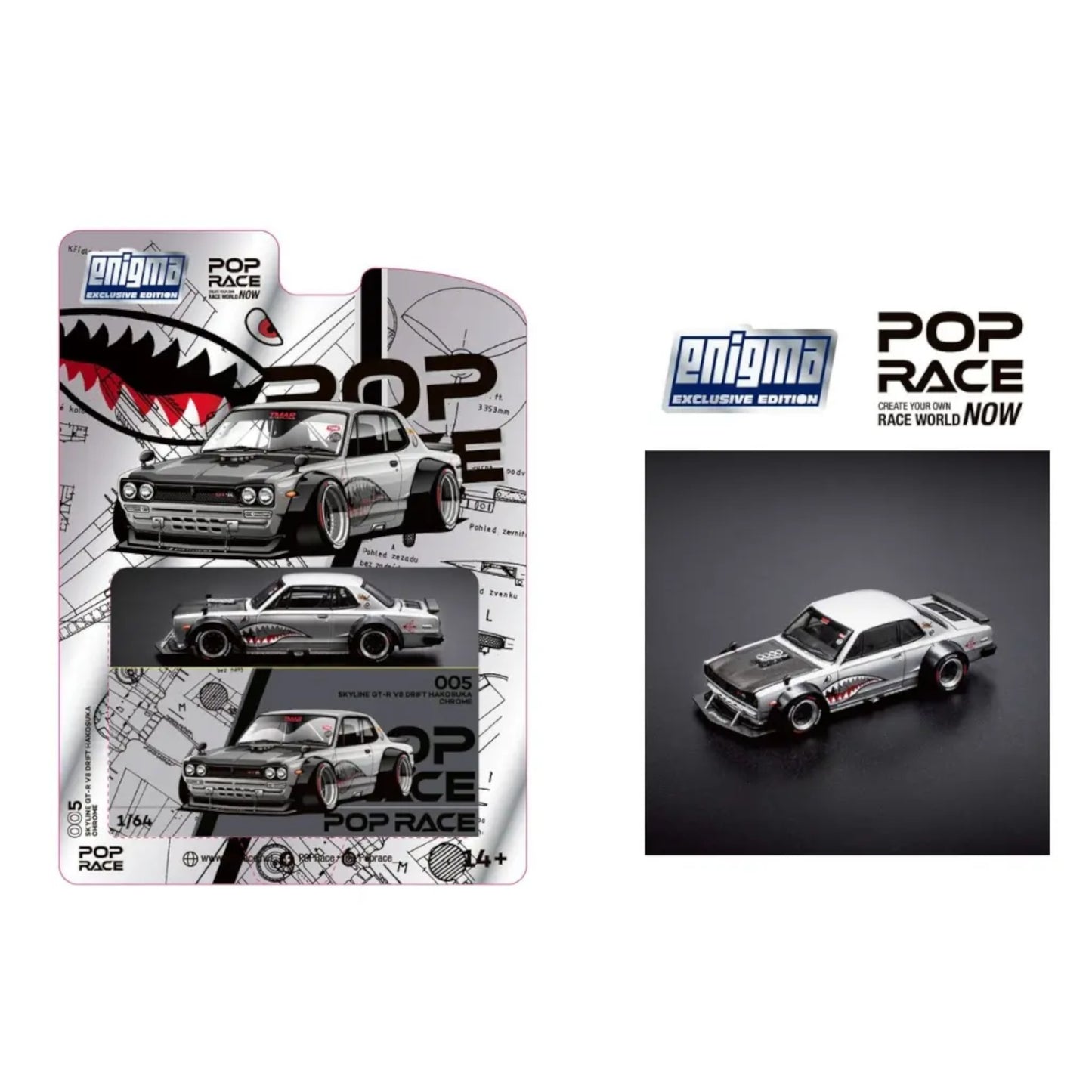 Pop Race x Enigma- Pre-Order - Nissan Skyline GT-R V8 Drift *Hakosuka*, metallic silver (Blister Pack) - PRE005
