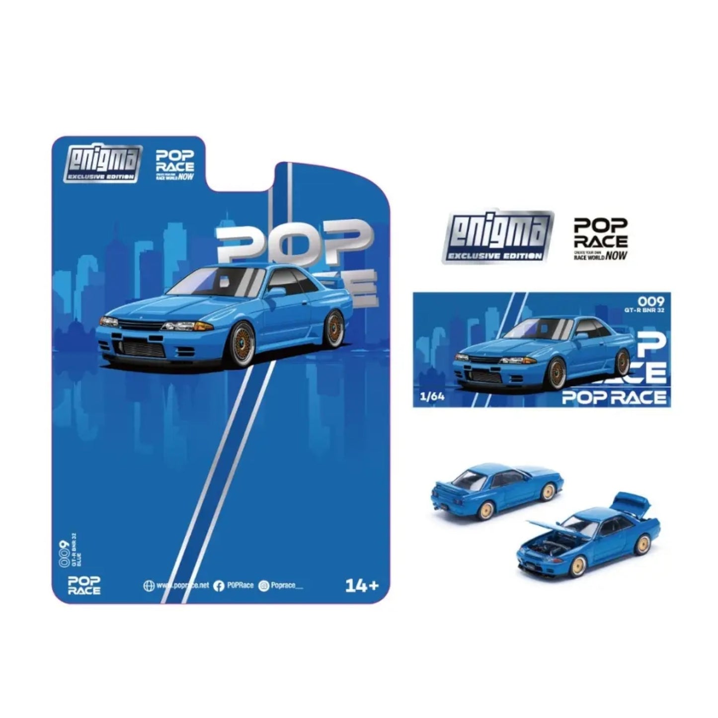 Pop Race x Enigma- Pre-Order - Nissan Skyline R32, Bayside Blue (Blister Pack) - PRE009