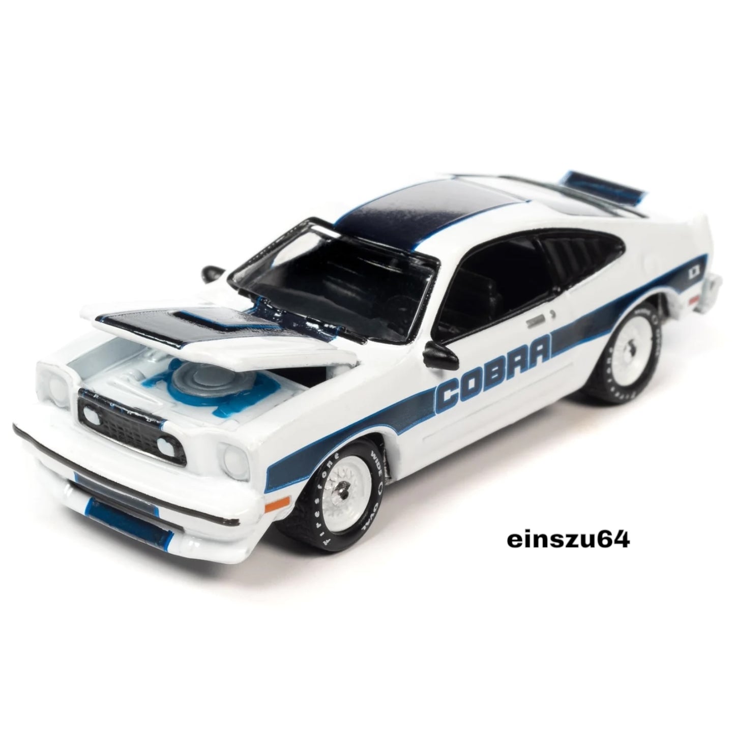 Johnny Lightning - 1978 Ford Mustang Cobra II, gloss white with blue stripes - 1:64 - JLSP321B