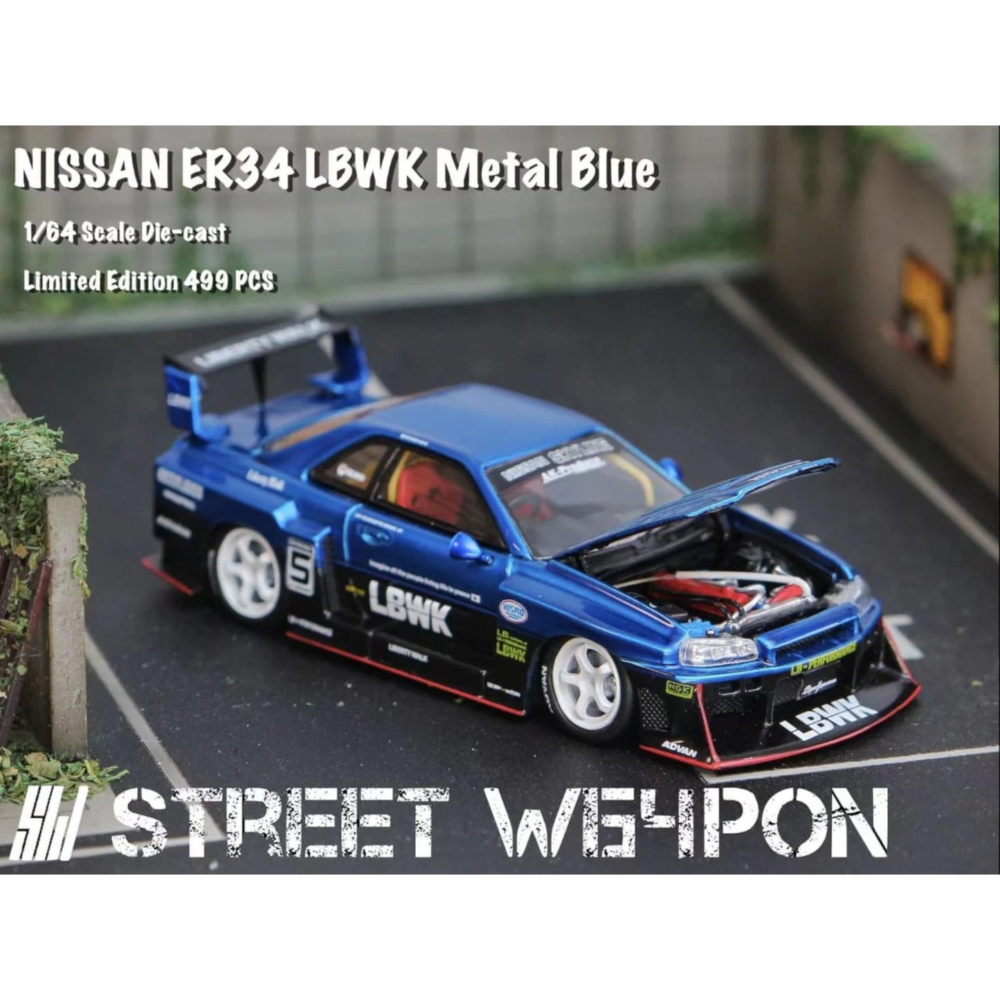 StreetWeapon - Pre-Order - LBWK GT-R ER34, Blue metallic, Openable Hood
