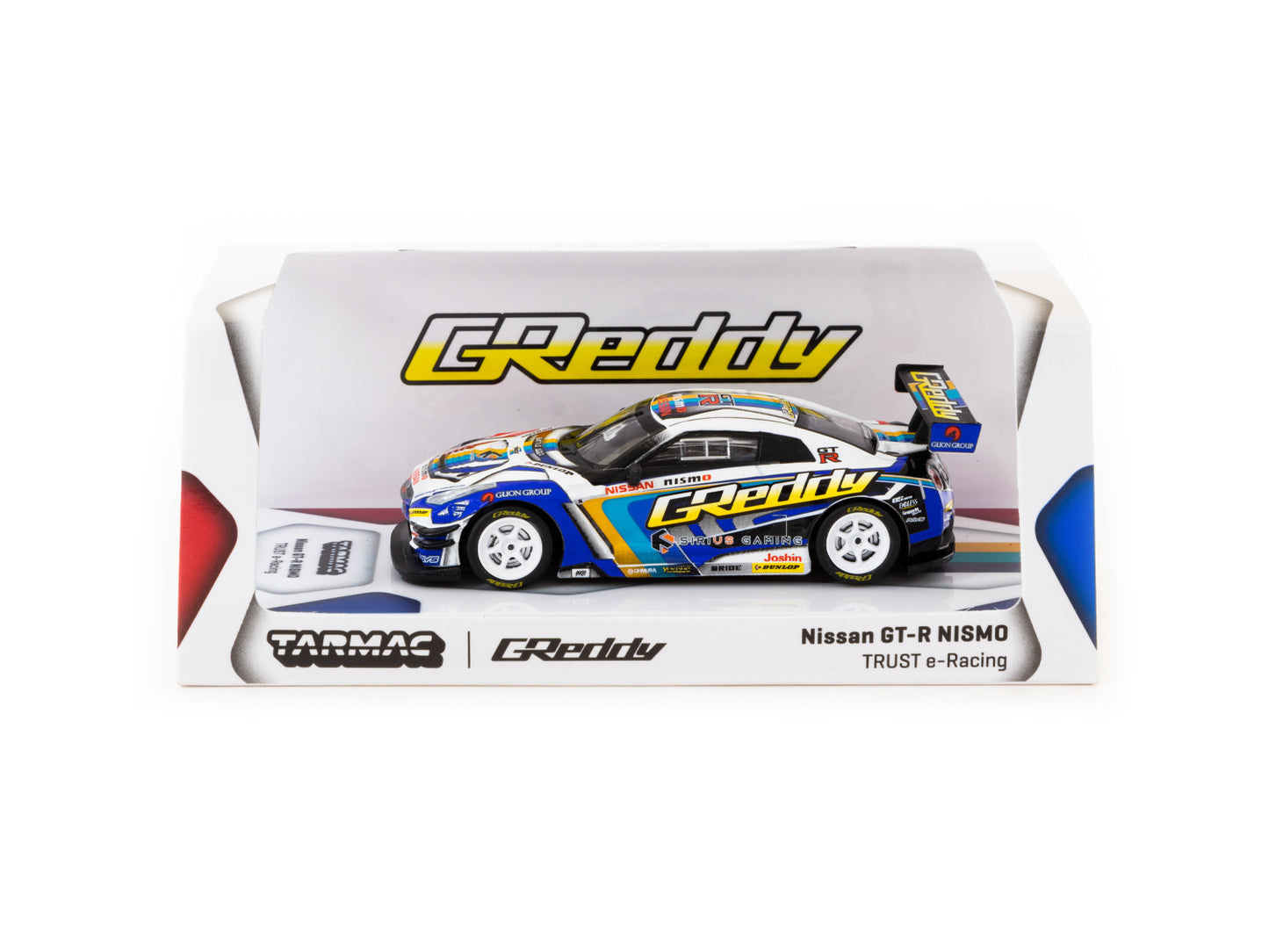 Tarmac Works - Nissan GT-R R35 Trust e-Racing, blue/yellow/white - T64-005-GDY - 1:64