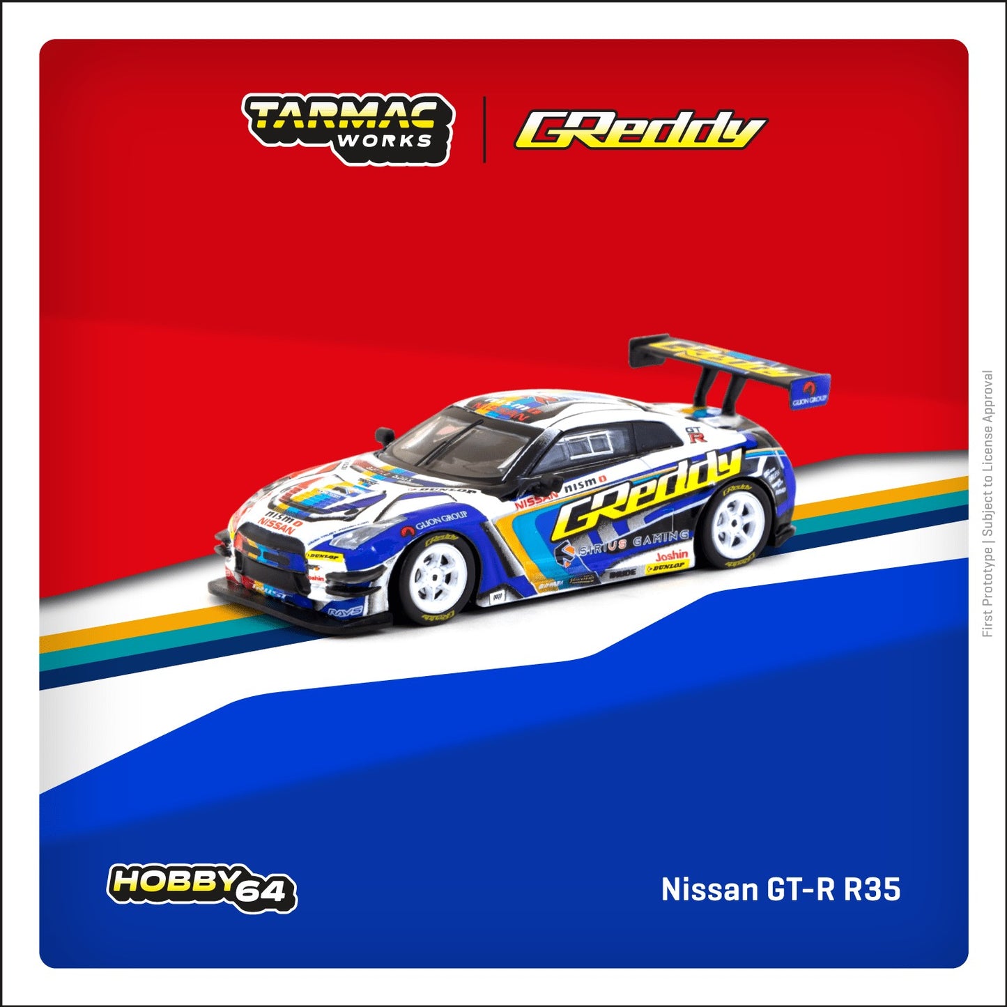 Tarmac Works - Nissan GT-R R35 Trust e-Racing, blue/yellow/white - T64-005-GDY - 1:64