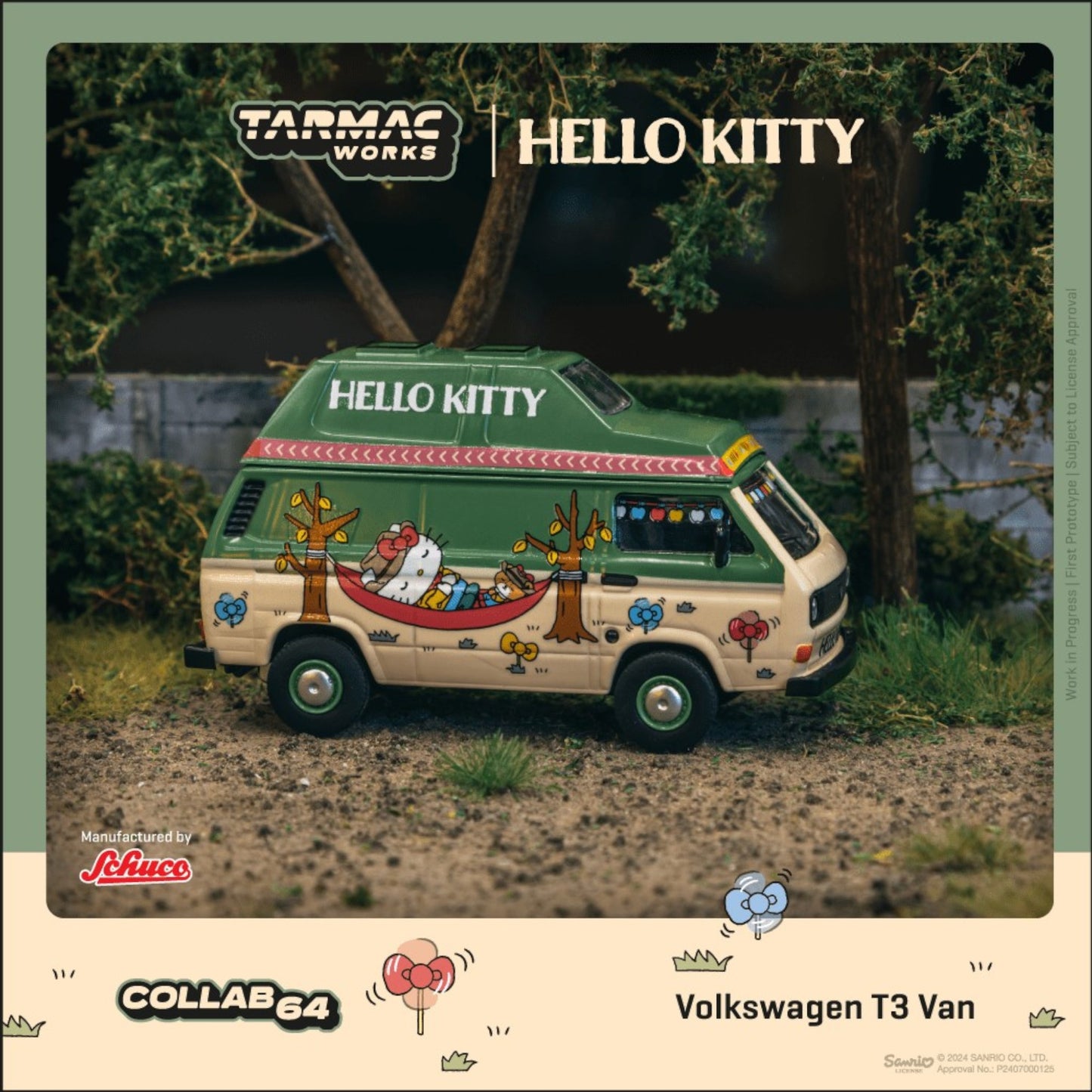 Tarmac Works x Schuco - Pre-Order - Volkswagen T3 Van - *Hello Kitty Camping* - green - T64S-001-HK