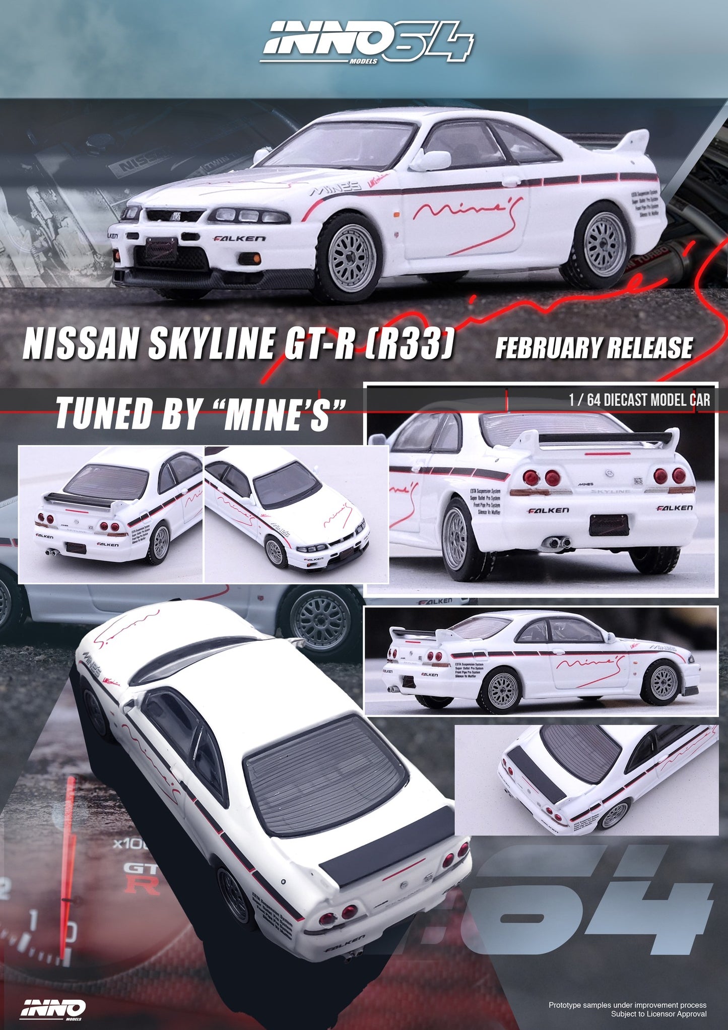 INNO64 - Nissan Skyline GT-R R33 *Tuned by Mines*, white - 1:64 - IN64-R33-MINES